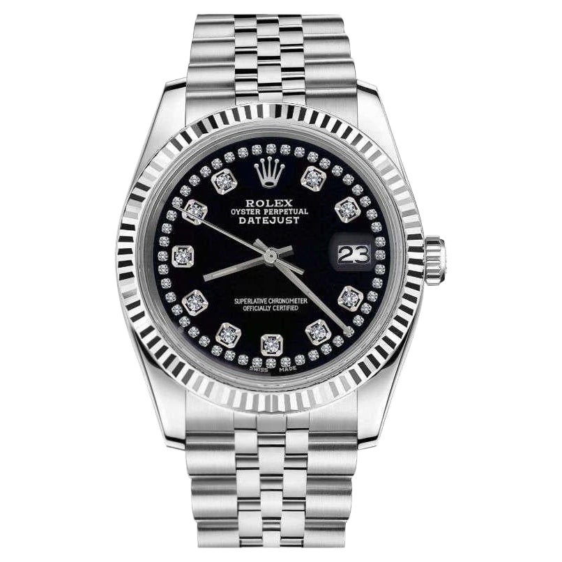Orologio Rolex Datejust da donna in acciaio inossidabile con cinturino nero e diamanti