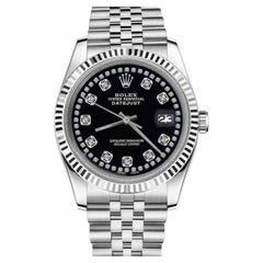 Orologio Rolex Datejust da donna in acciaio inossidabile con cinturino nero e diamanti