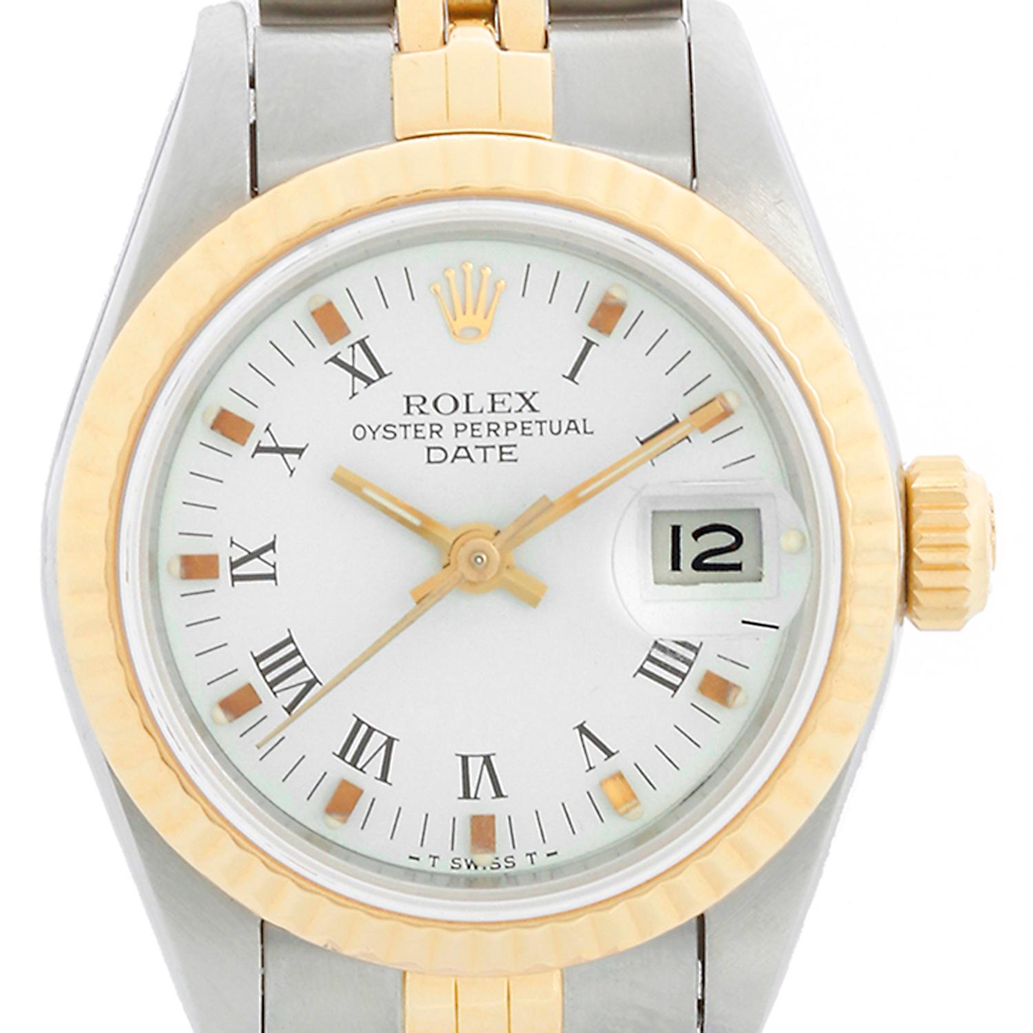 Rolex Ladies Datejust Steel & Gold Watch 69173 - Automatic winding, 29 jewels, Quickset date, sapphire crystal. Stainless steel case with 18K yellow gold bezel (26mm). White dial with Roman numerals. Stainless steel and 18k yellow gold jubilee
