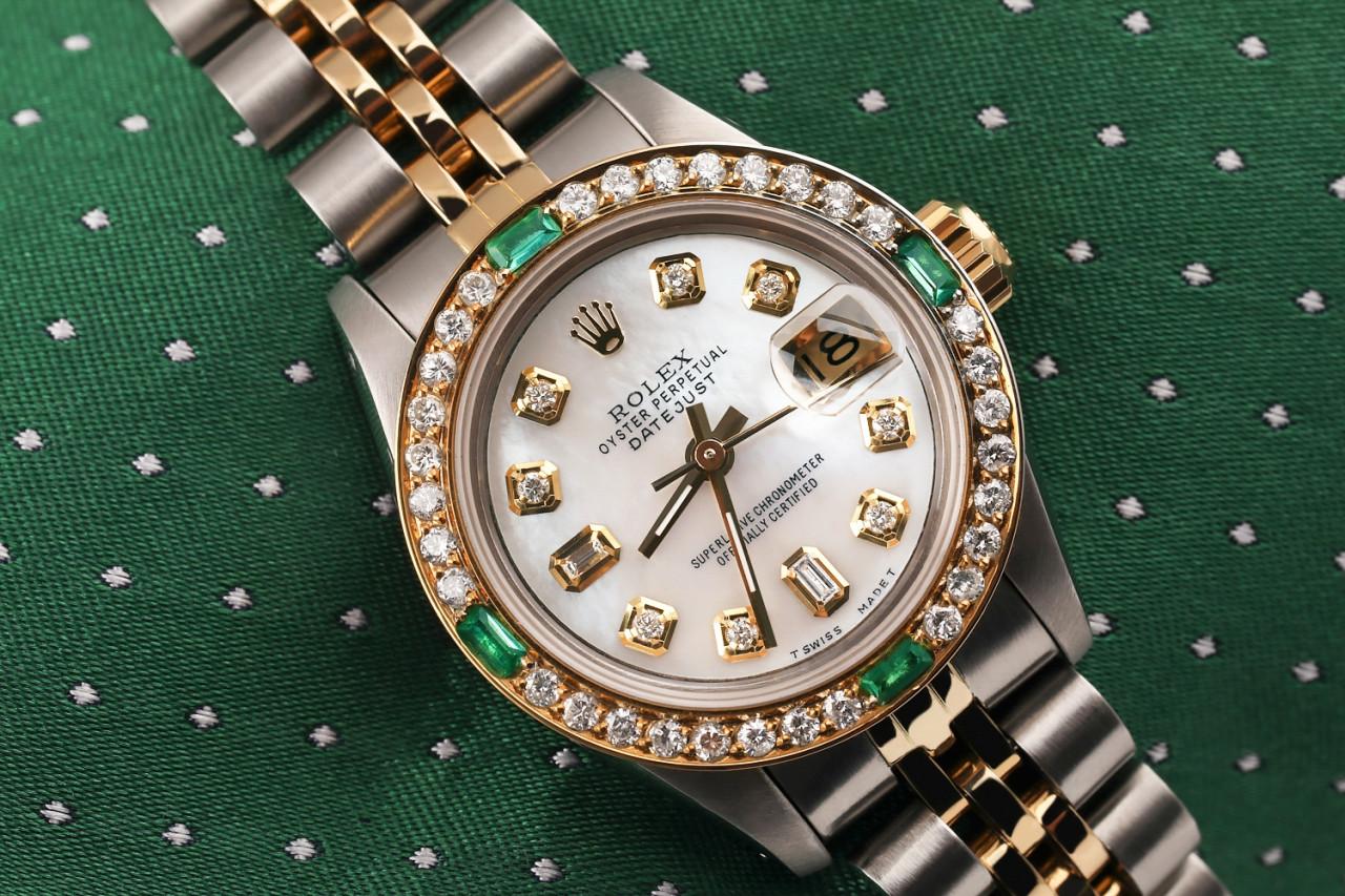 Round Cut Rolex Ladies Datejust Vintage Diamond Bezel Two Tone White MOP Watch For Sale