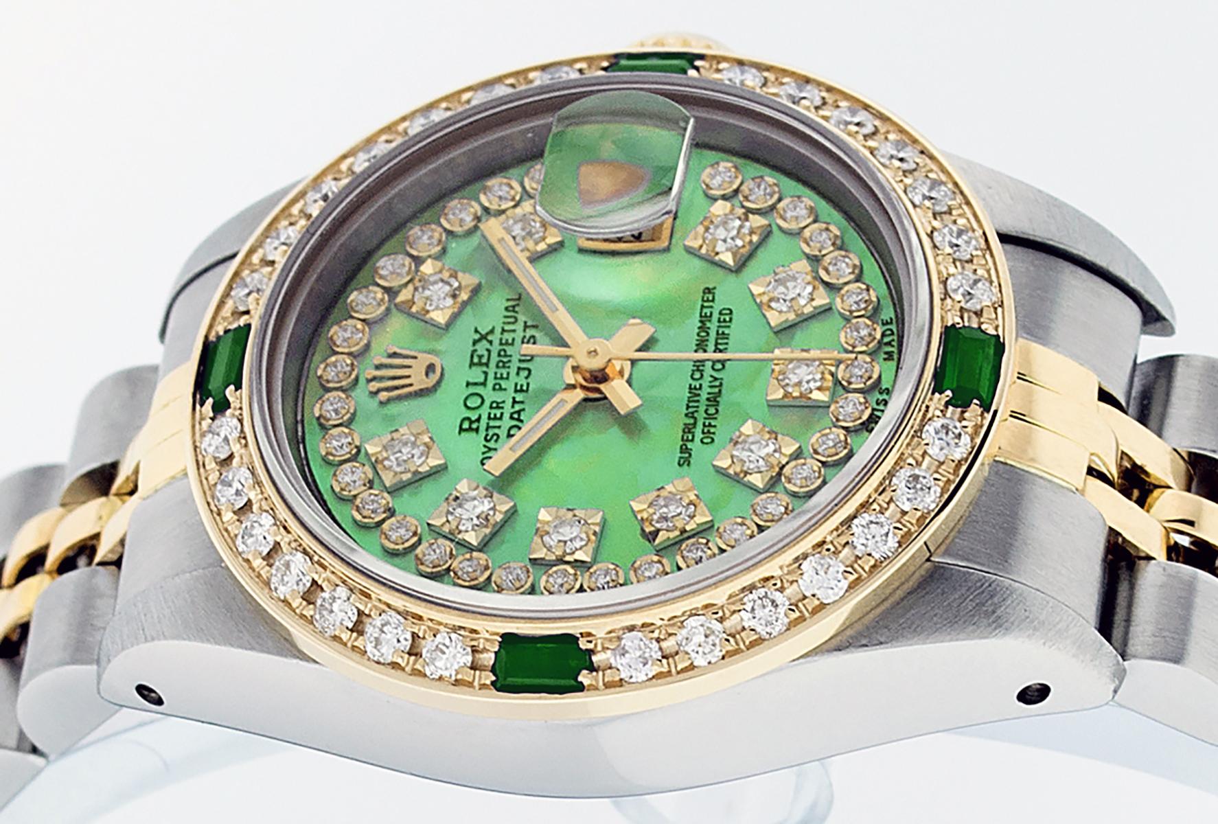 Rolex Ladies Datejust Watch Steel/18K Yellow Gold Green MOP Diamond Dial Emerald 2