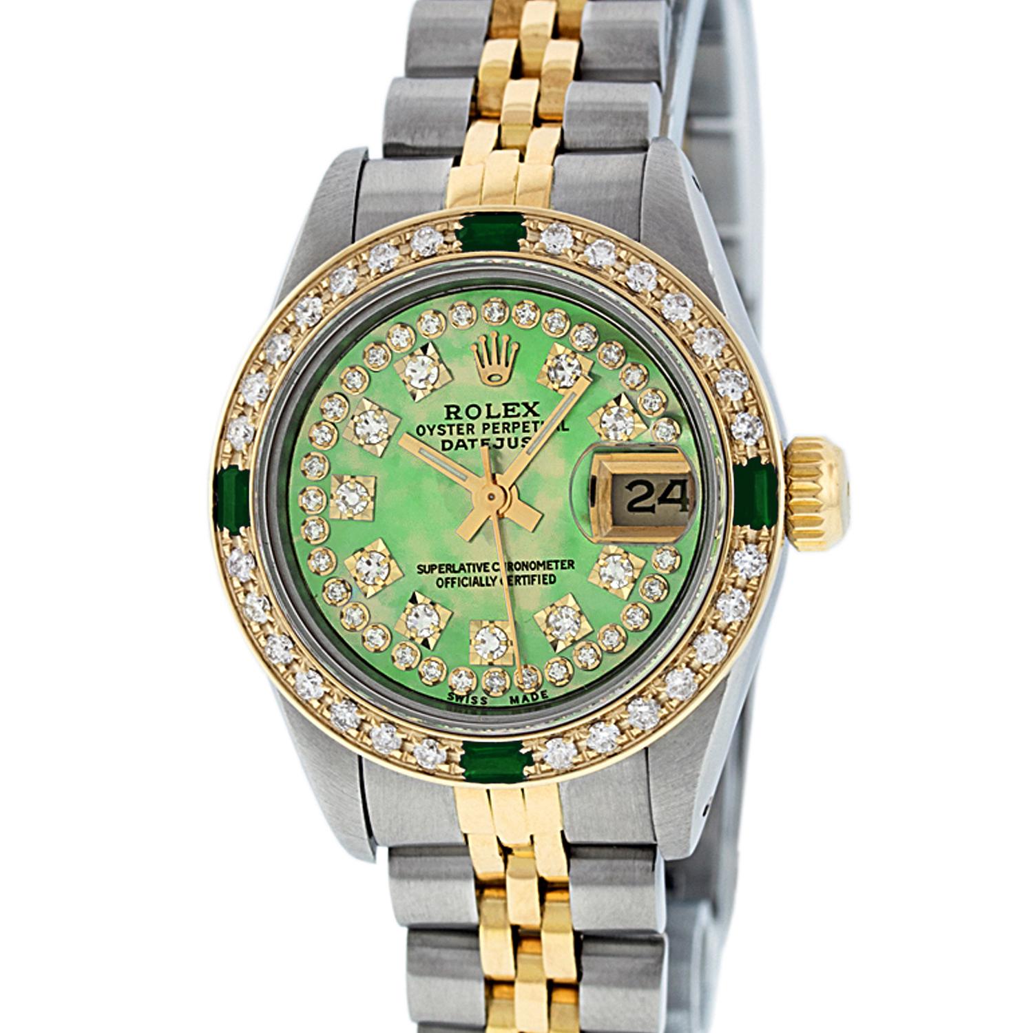 WATCH DESCRIPTION

BRAND : Rolex
MODEL : Datejust
CASE SIZE : 26mm
CASE : Rolex Stainless Steel Case
GENDER : Women's

WATCH FEATURES
 
DIAL : Rolex Professionally Refinished Green Mother of Pearl Dial set with aftermarket String Diamonds and