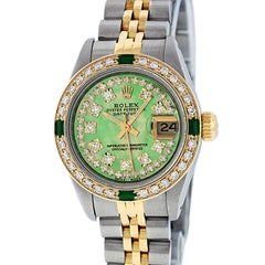 Rolex Ladies Datejust Watch Steel/18K Yellow Gold Green MOP Diamond Dial Emerald