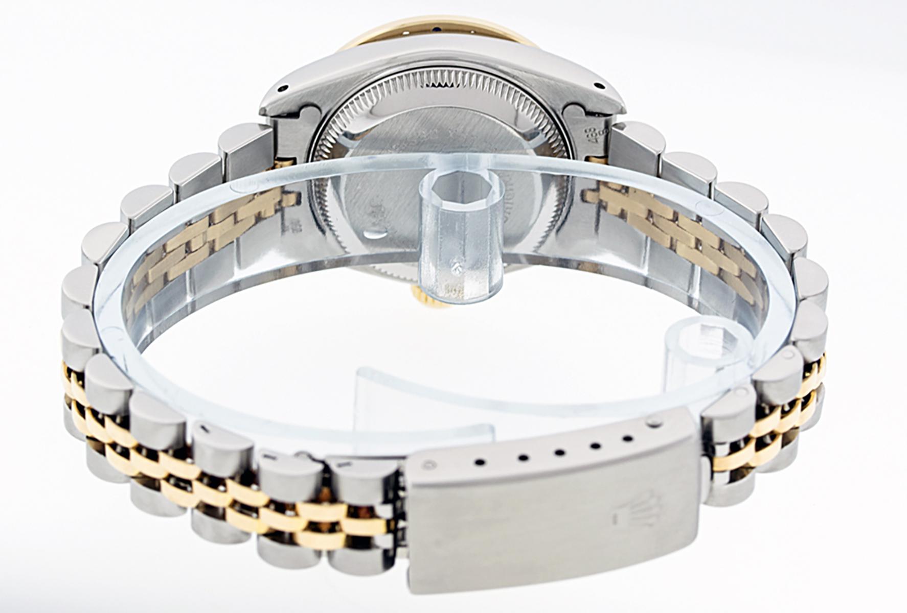 Round Cut Rolex Ladies Datejust Watch Steel/18K Yellow Gold Green MOP Diamond Dial Emerald