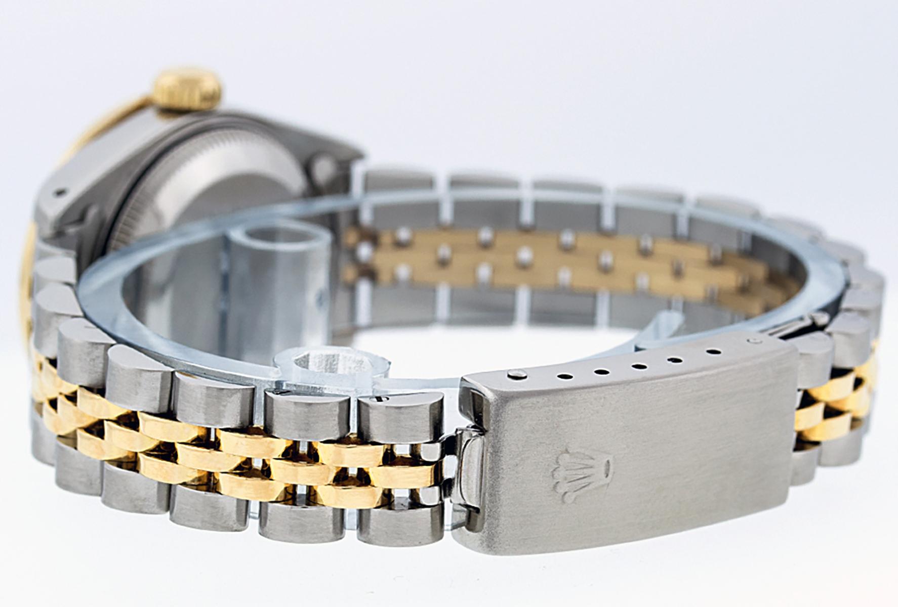 Rolex Ladies Datejust Watch Steel/18K Yellow Gold Green MOP Diamond Dial Emerald In Good Condition In Los Angeles, CA