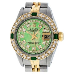 Vintage Rolex Ladies Datejust Watch Steel/18K Yellow Gold Green MOP Diamond Dial Emerald
