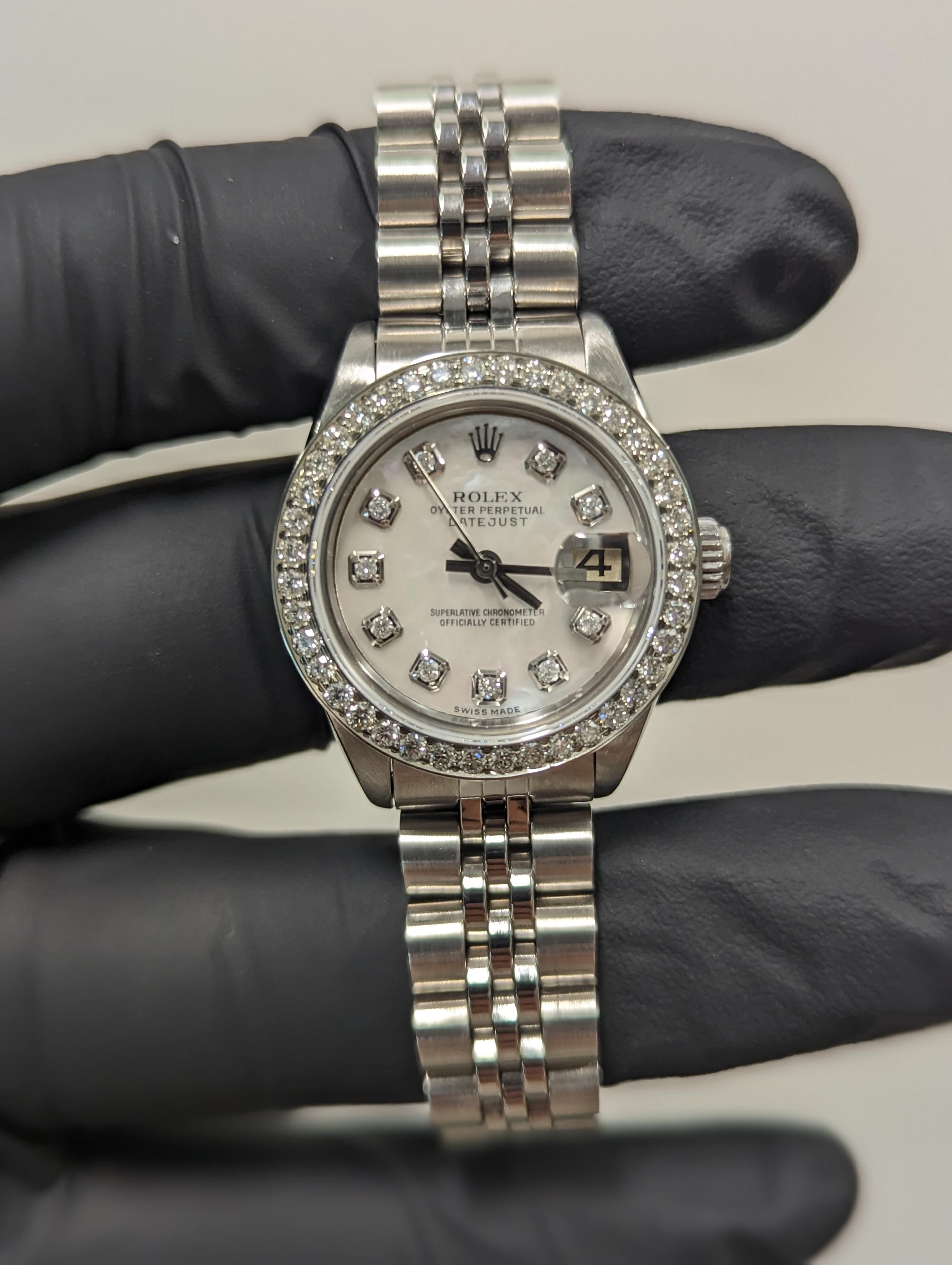 Moderne Rolex Ladies Datejust White Mother of Pearl Diamond Dial Jubilee Band Watch en vente