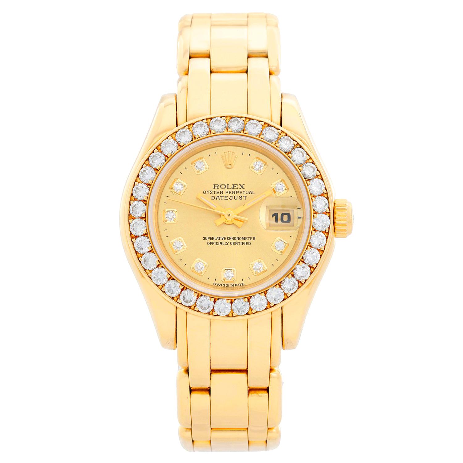 Rolex Ladies Masterpiece/Pearlmaster Gold Diamond Watch 69298 - Automatic winding, 31 jewels, Quickset, sapphire crystal. 18k yellow gold case with factory diamond bezel (29mm diameter). Factory Rolex Champagne diamond dial. 18k yellow gold