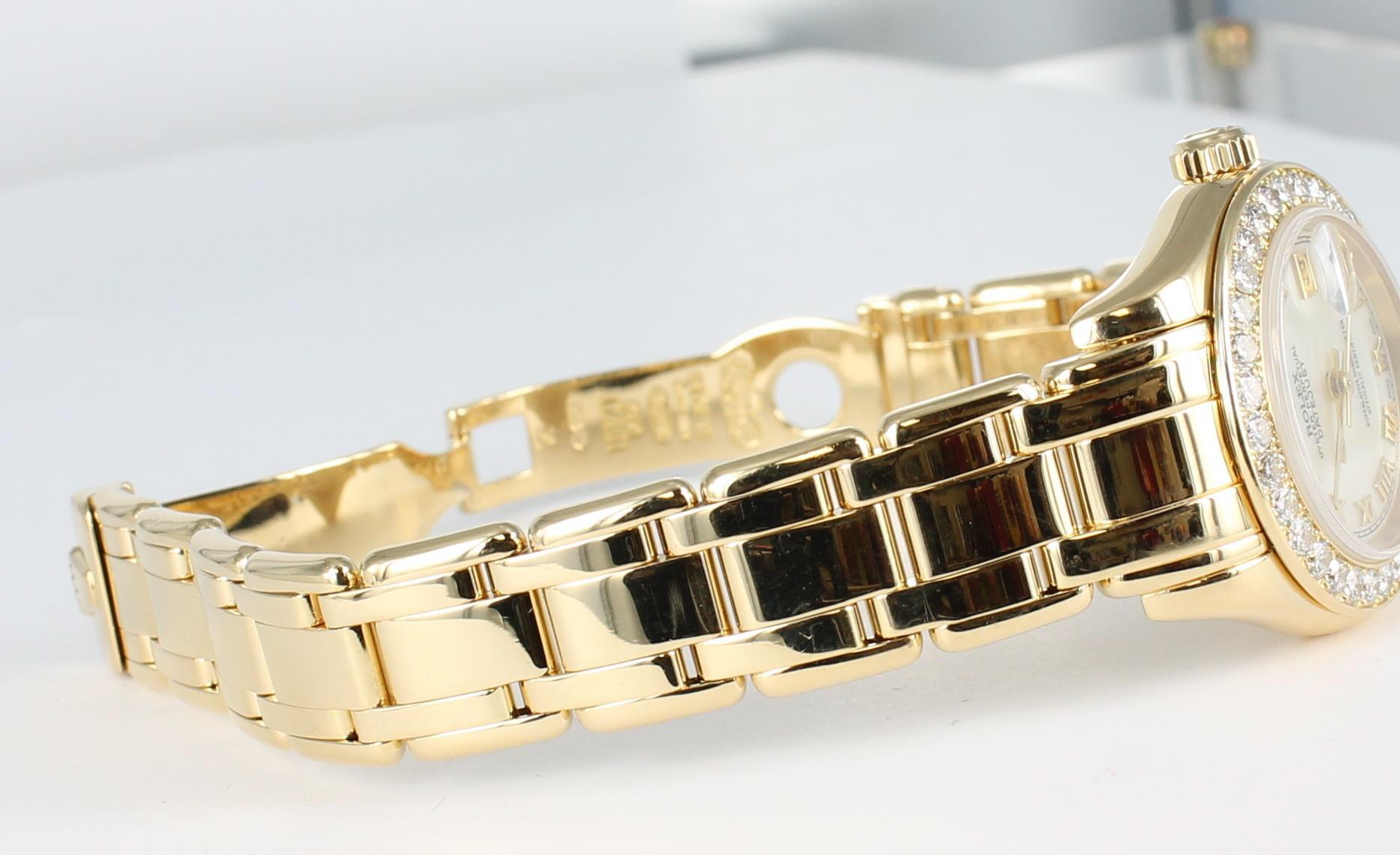 Rolex Ladies Masterpiece/Pearlmaster Gold Diamond Watch 69298 in 18 Karat In Excellent Condition In Atlanta, GA