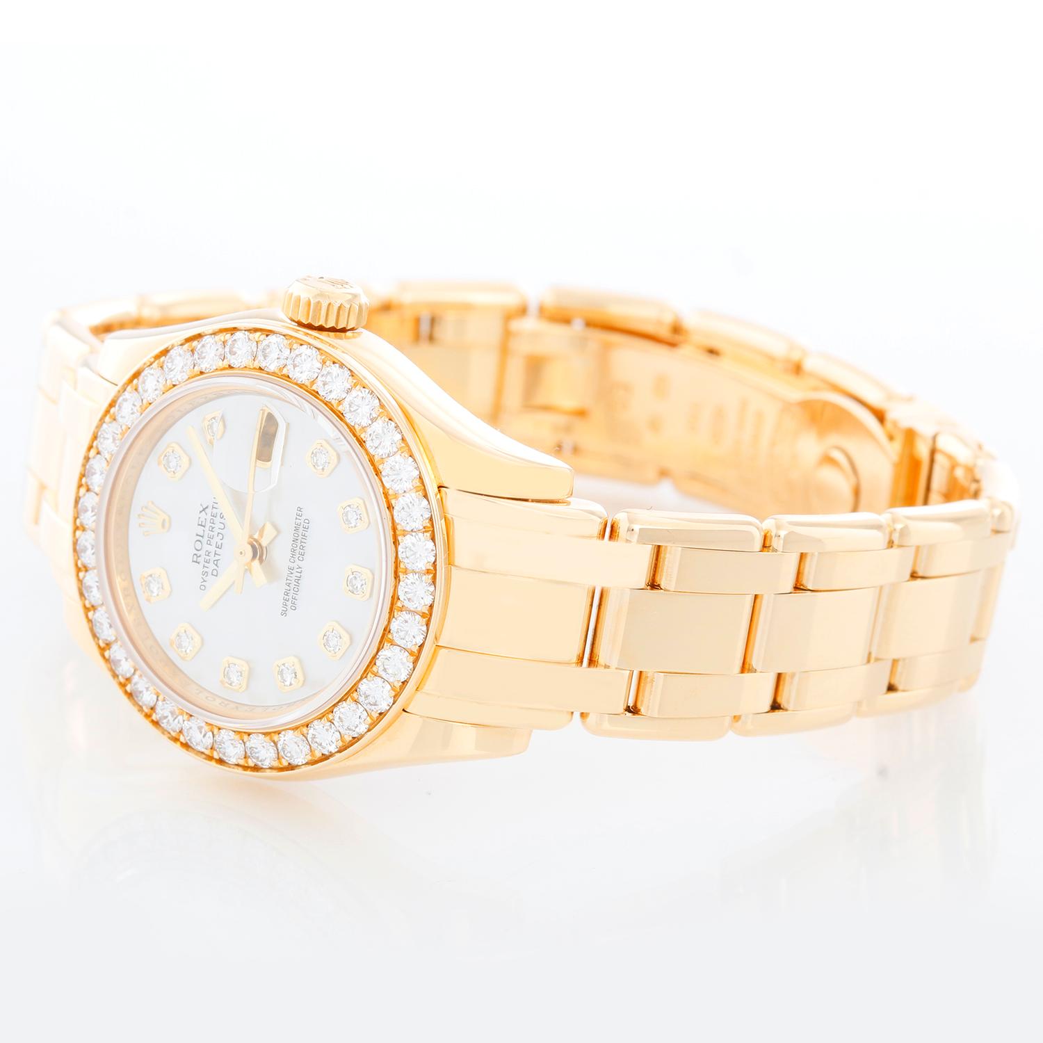 Rolex Ladies Masterpiece/Pearlmaster Gold Diamond Watch 80298 - Automatic winding, 31 jewels, Quickset, sapphire crystal. 18k yellow gold case with full factory diamond bezel. Factory Mother of Pearl dial with diamond hour markers. Pearlmaster