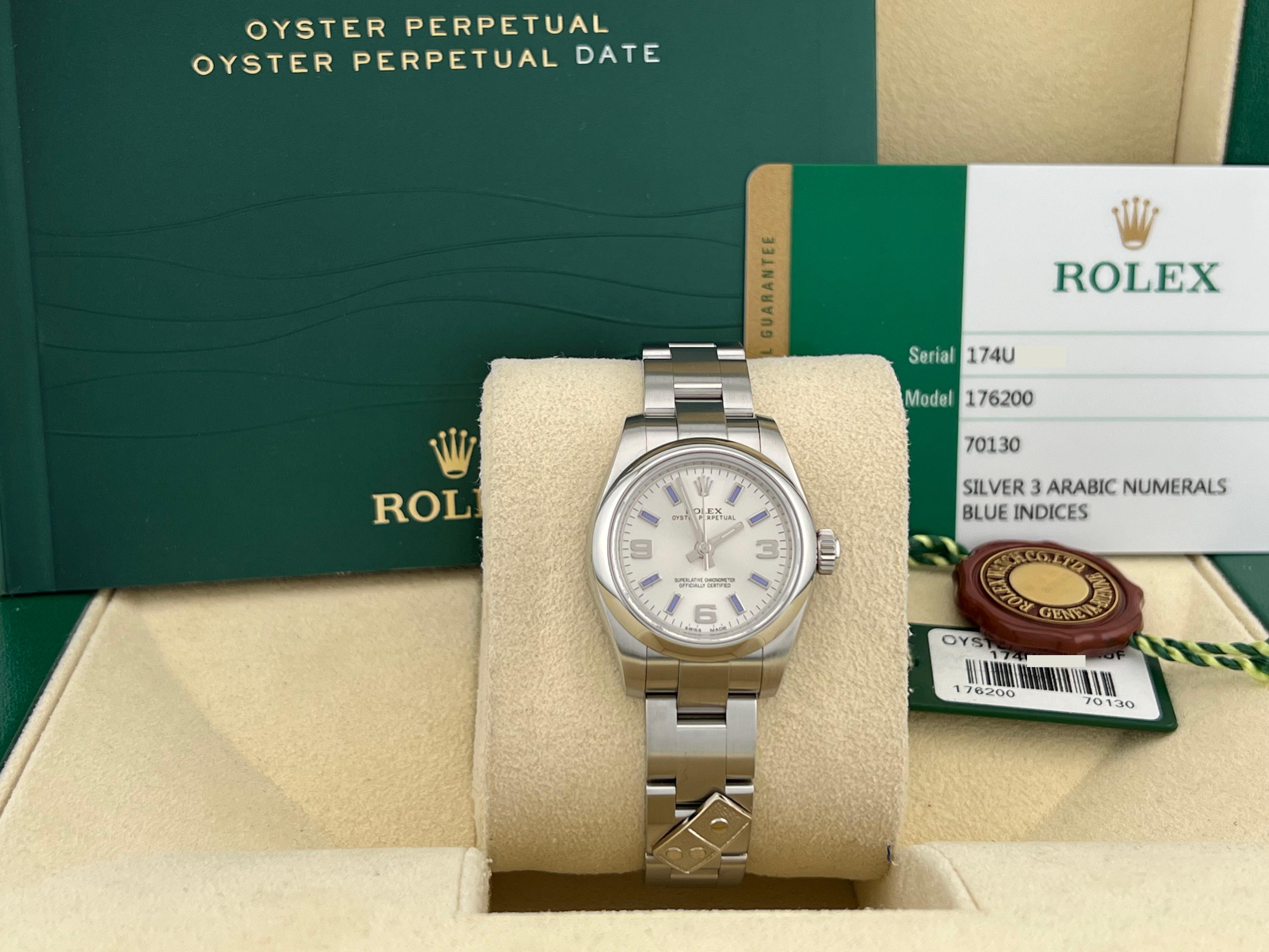 Rolex Ladies Oyster Perpetual 176200 Dominos Stainless Steel Box Papers In Excellent Condition In San Diego, CA