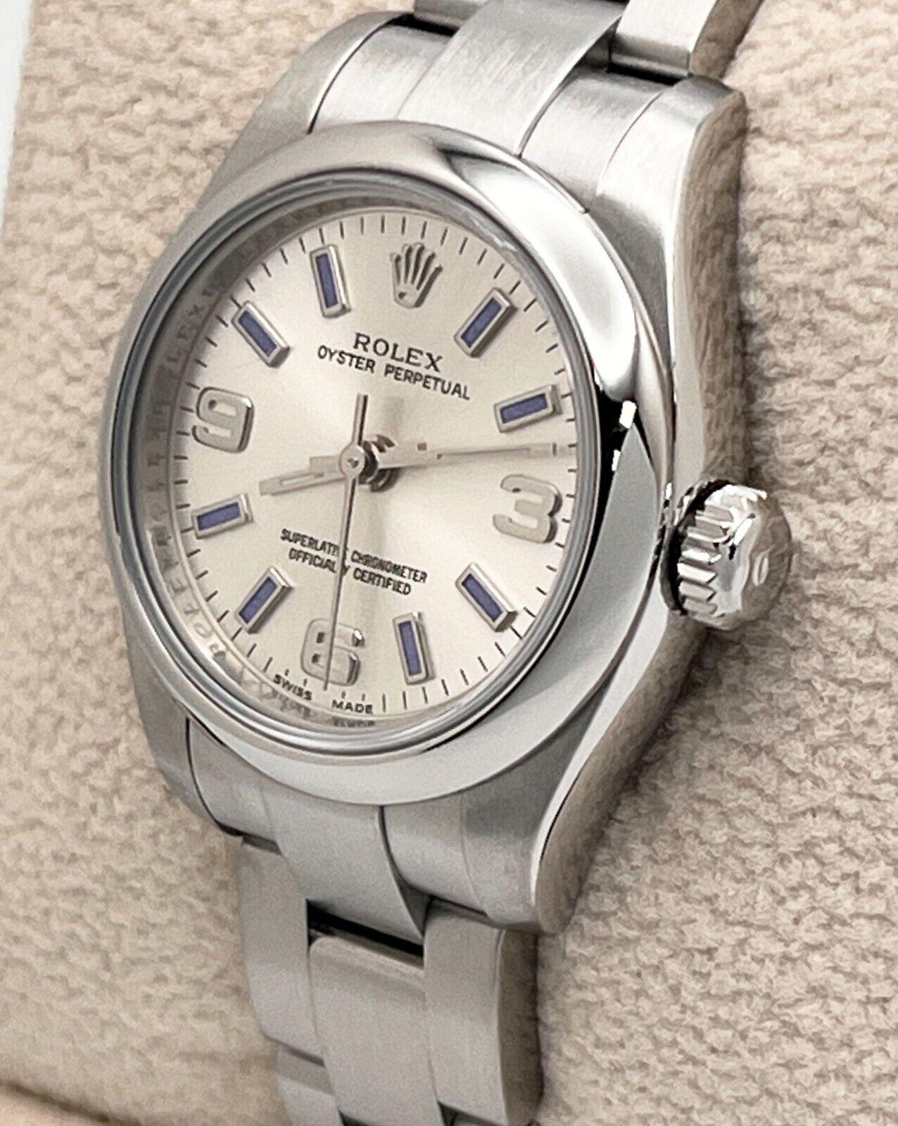 Rolex Ladies Oyster Perpetual 176200 Silver Dial Blue Markers Stainless Steel In Excellent Condition In San Diego, CA