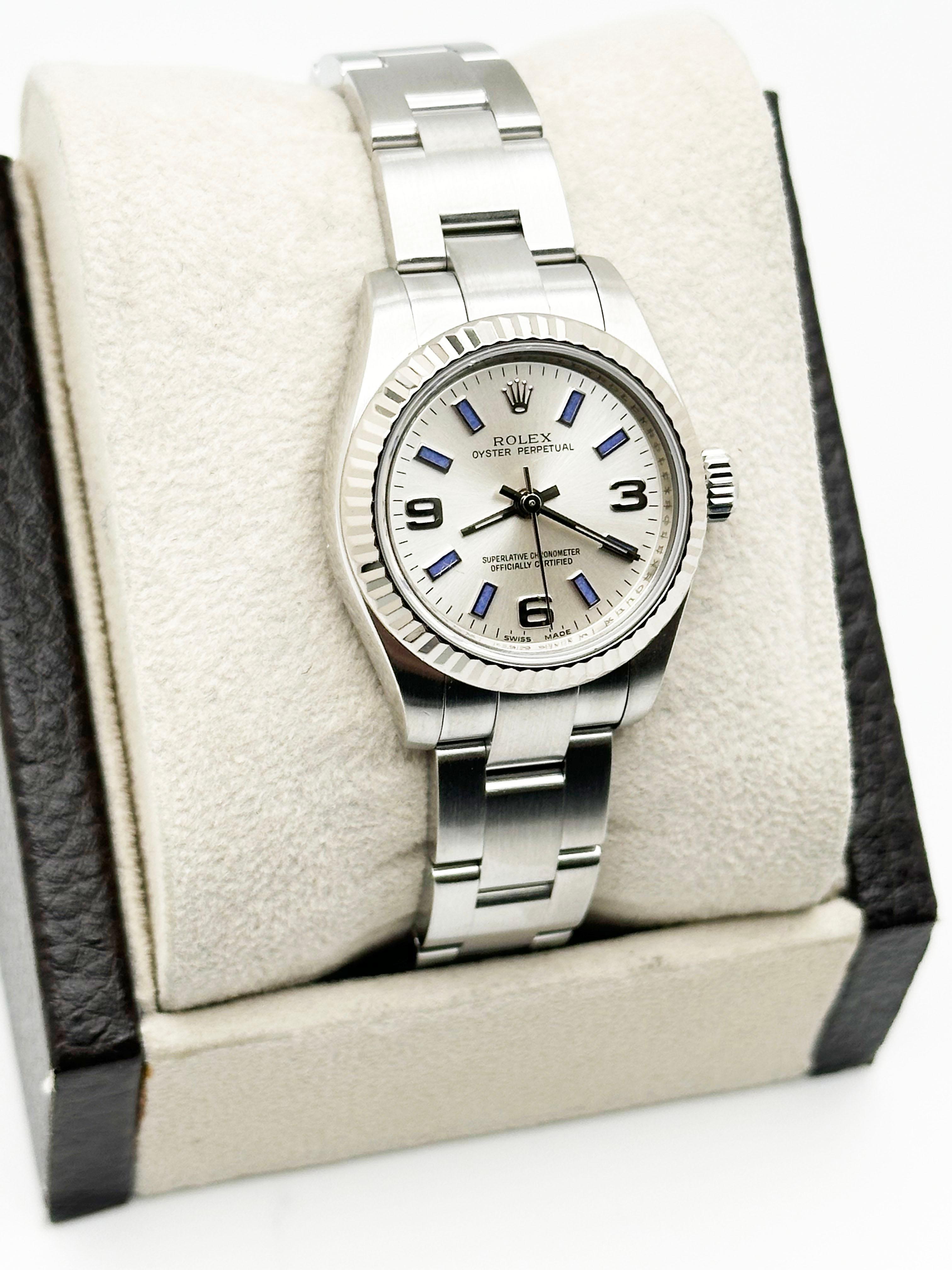 Rolex Ladies Oyster Perpetual 176234 Silver Blue Arabic Dial Stainless Box Paper In Excellent Condition For Sale In San Diego, CA