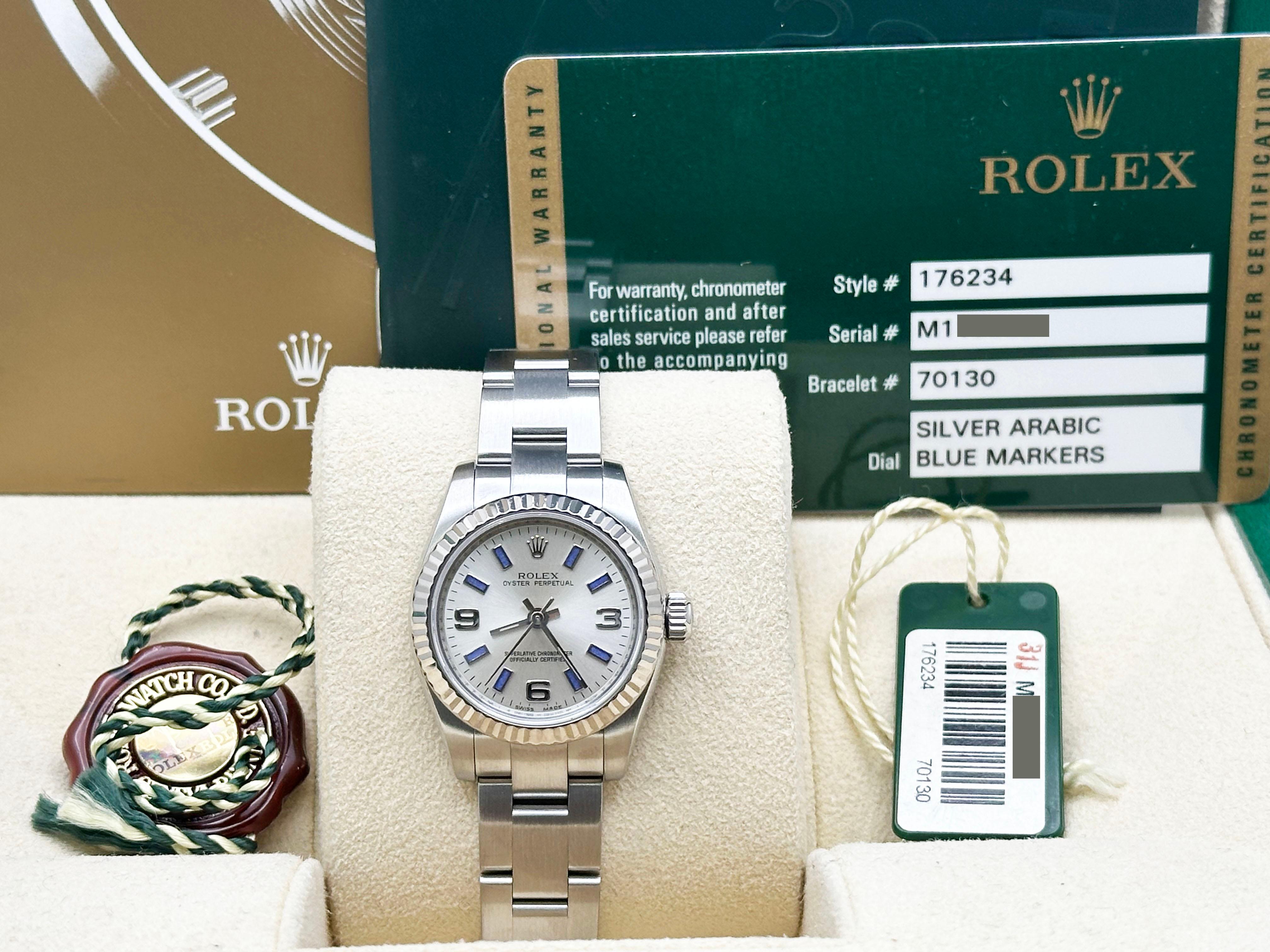 Rolex Ladies Oyster Perpetual 176234 Silver Blue Arabic Dial Stainless Box Paper For Sale 5