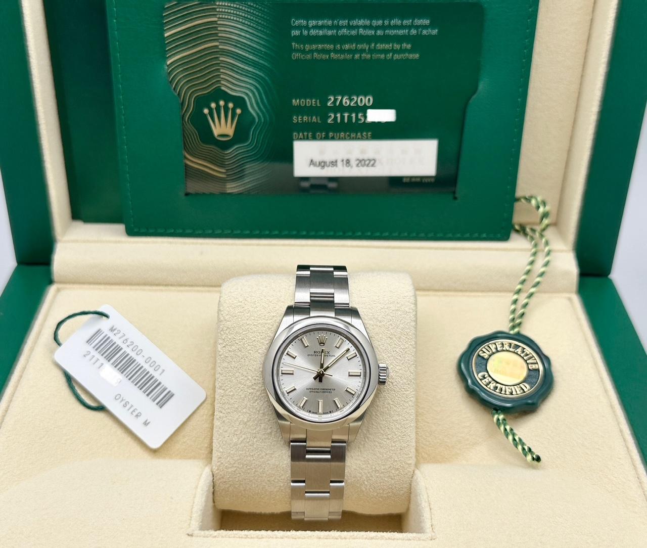 Número de modelo: 276200



Número de serie: 21T15***



Año: 2022

 

Model No: Oyster Perpetual Señora

 

Material de la caja: Acero inoxidable

 

Banda: Acero inoxidable

   

Bisel: Acero inoxidable

   

Esfera: Plateada

 

Cristal: Cristal