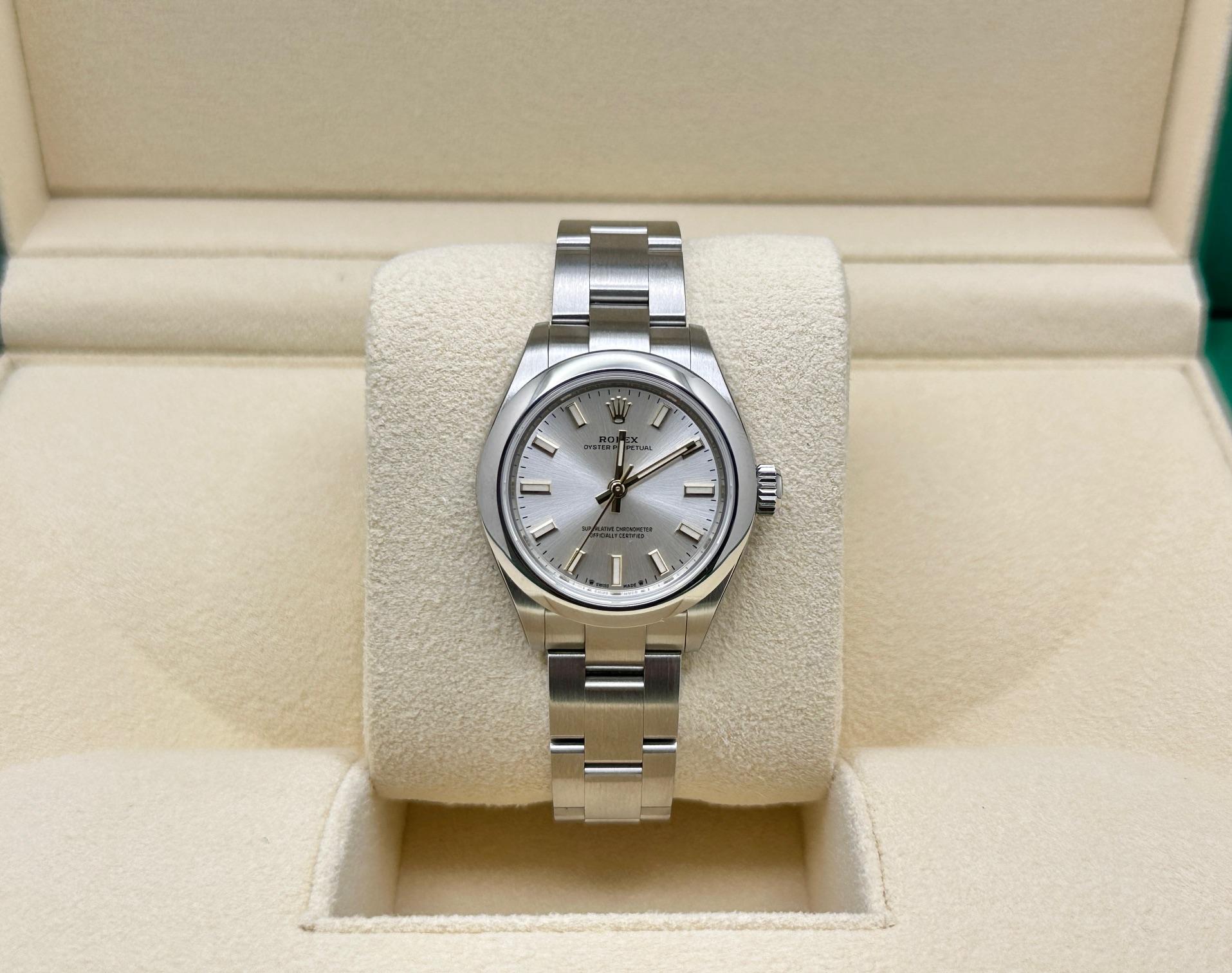 Rolex Ladies Oyster Perpetual 276200 28mm Esfera plateada Caja de acero Papel adhesivo en venta 1