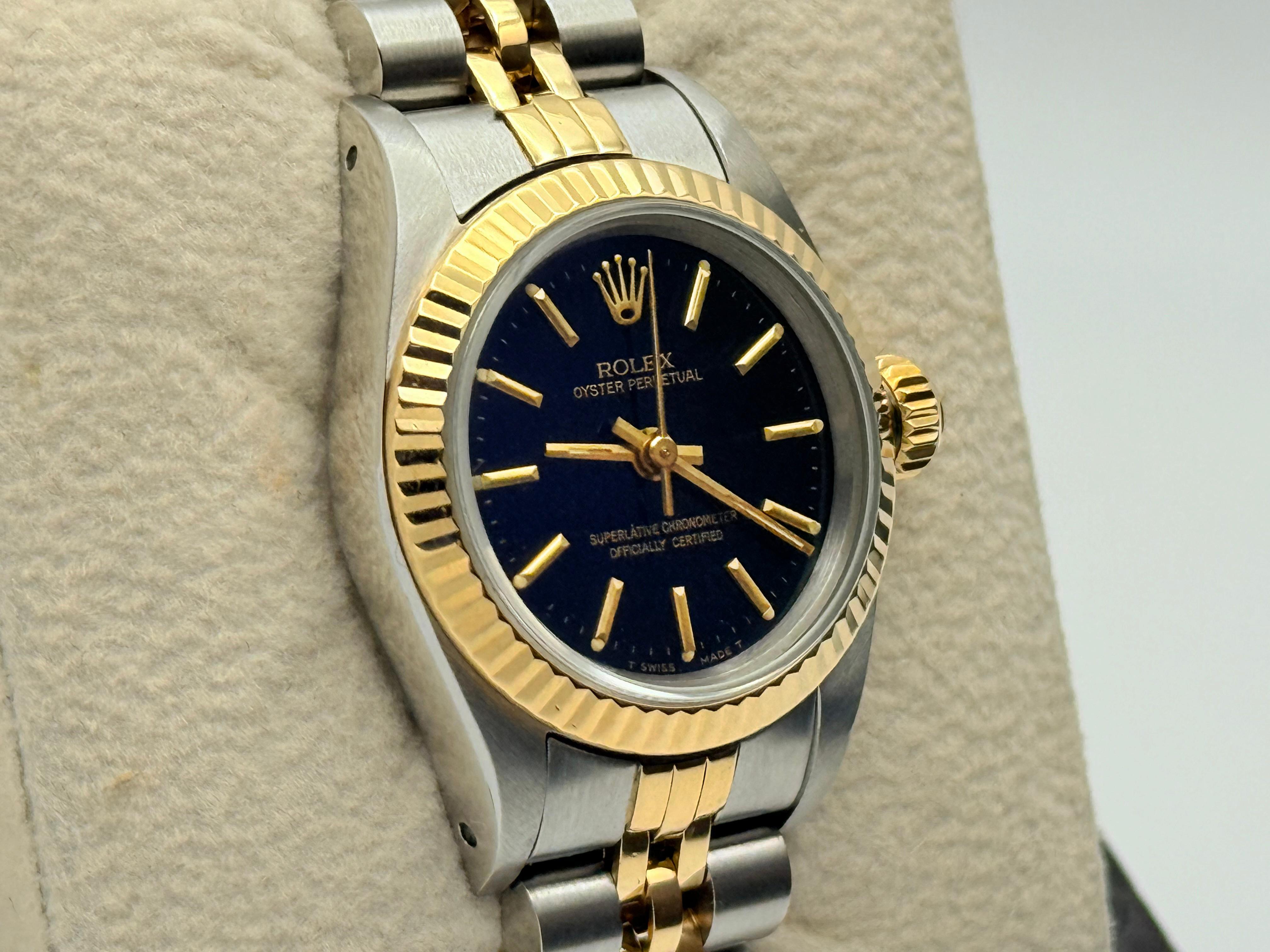 Women's Rolex Ladies Oyster Perpetual 67193 Black Dial 18K Yellow Gold Steel Box Papers For Sale