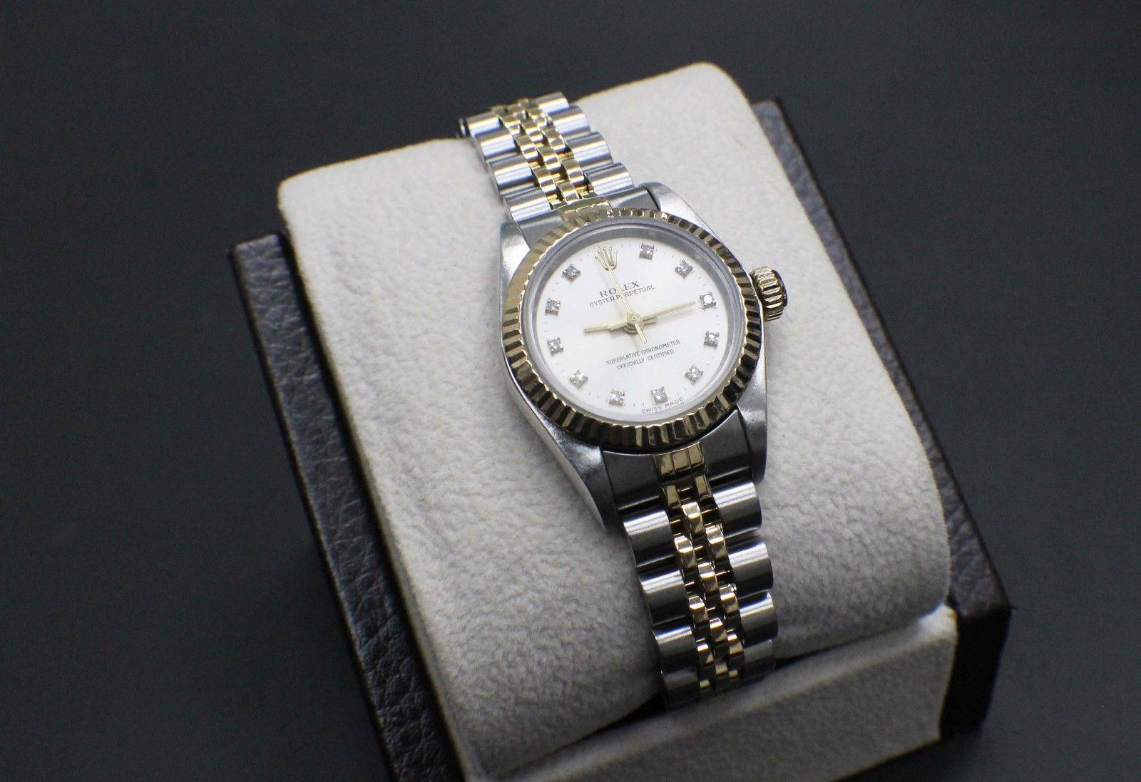 Rolex Ladies Oyster Perpetual 67193 Diamond Dial 18K Gold & Steel Box & Papers In Excellent Condition In San Diego, CA