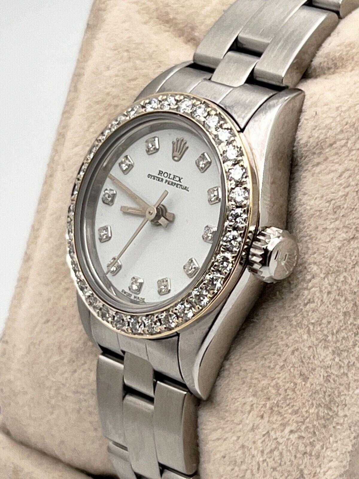 Rolex Ladies Oyster Perpetual 67194 Diamond Dial Diamond Bezel Stainless Steel In Excellent Condition For Sale In San Diego, CA
