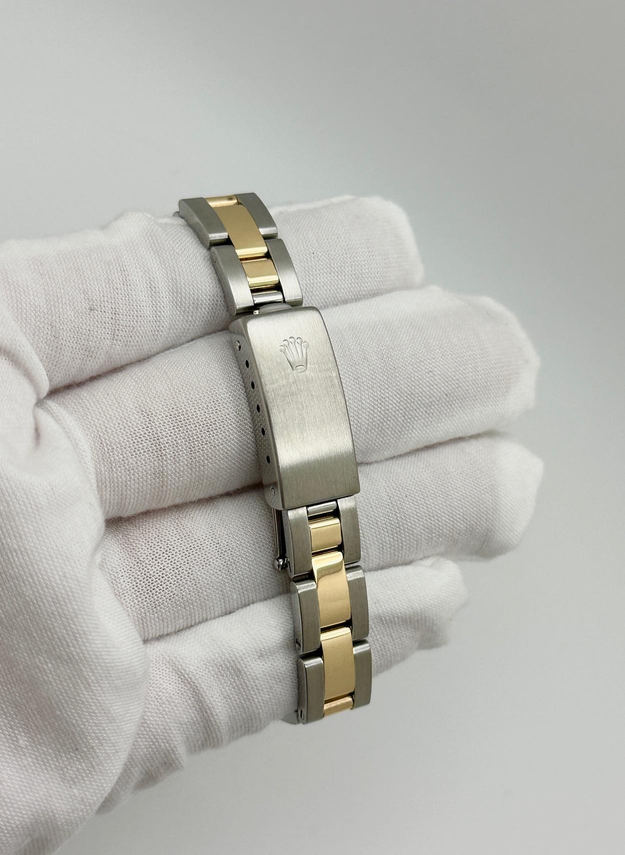 Rolex Damen Oyster Perpetual 67243 Stahl arabisches Zifferblatt 18K Gold Stahl Box Papier im Angebot 3