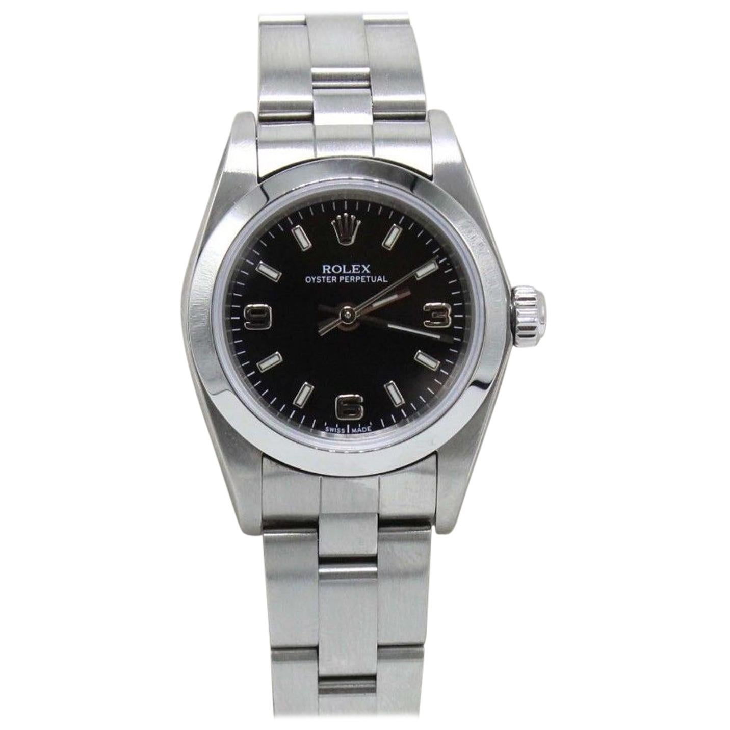 Rolex Ladies Oyster Perpetual 76080 Black Dial Stainless Steel Watch