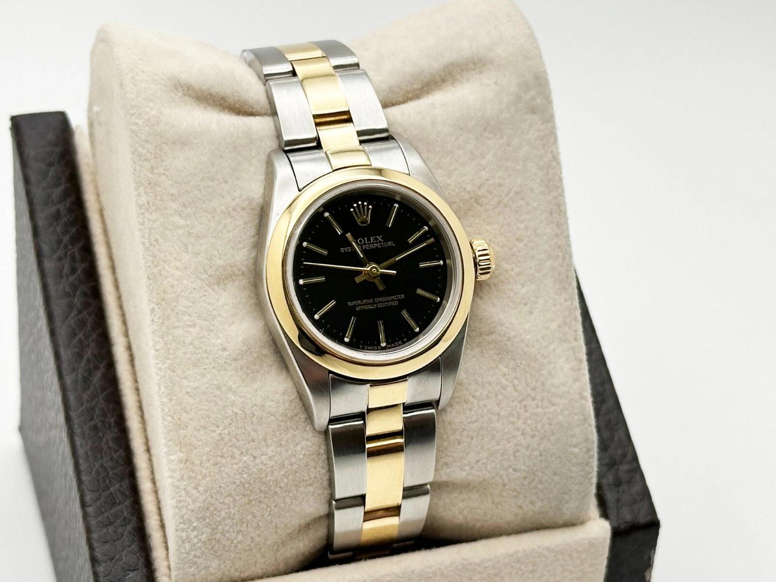 Rolex Ladies Oyster Perpetual 76183 Black Dial 18K Yellow Gold Stainless Steel In Excellent Condition For Sale In San Diego, CA