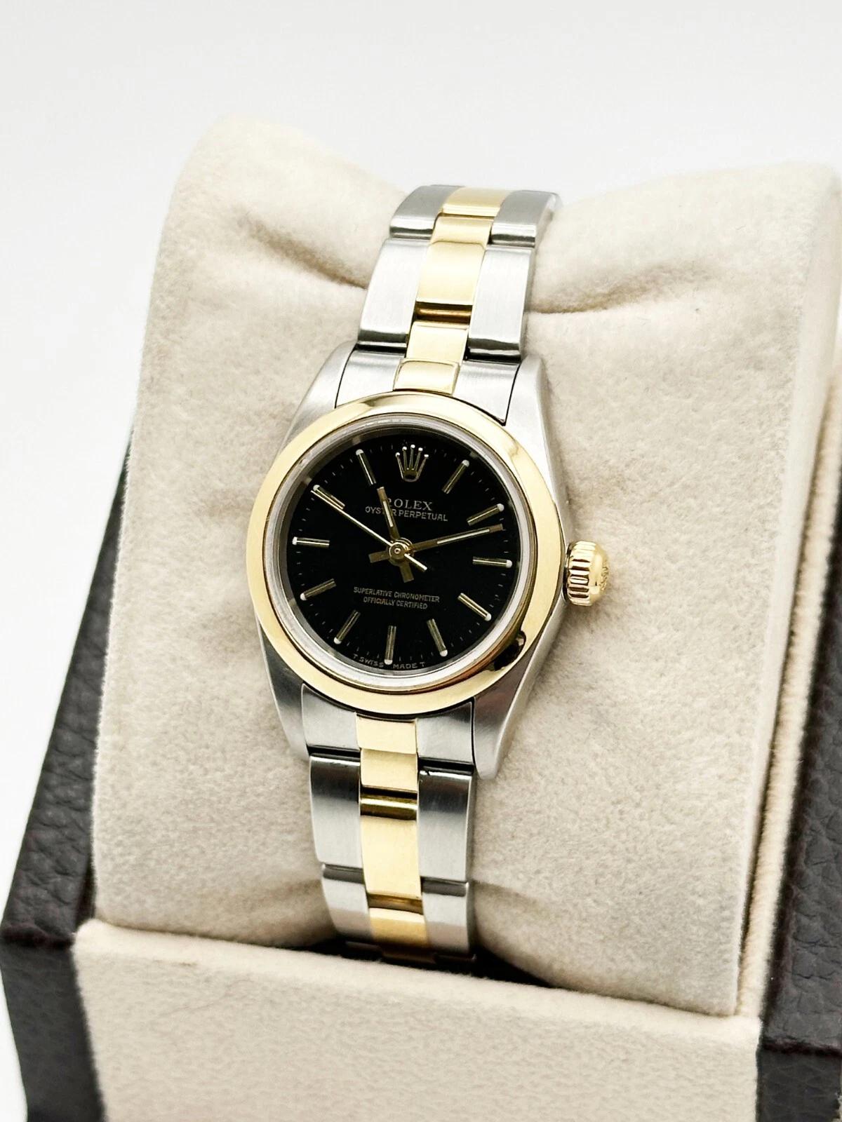 Women's Rolex Ladies Oyster Perpetual 76183 Black Dial 18K Yellow Gold Stainless Steel For Sale