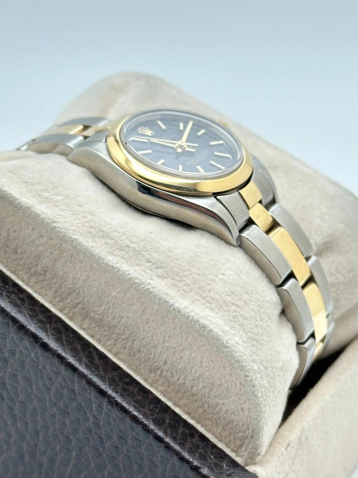 Rolex Ladies Oyster Perpetual 76183 Black Dial 18K Yellow Gold Stainless Steel For Sale 1