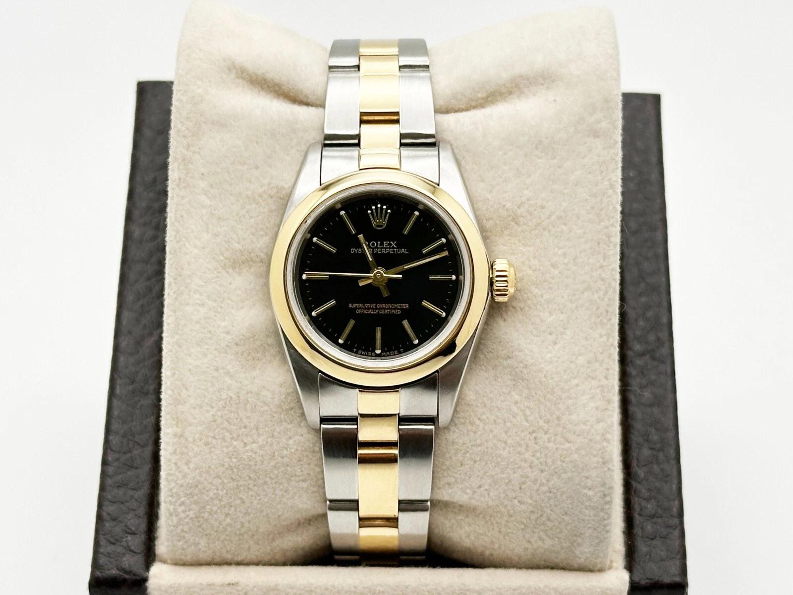 Rolex Ladies Oyster Perpetual 76183 Black Dial 18K Yellow Gold Stainless Steel For Sale 5