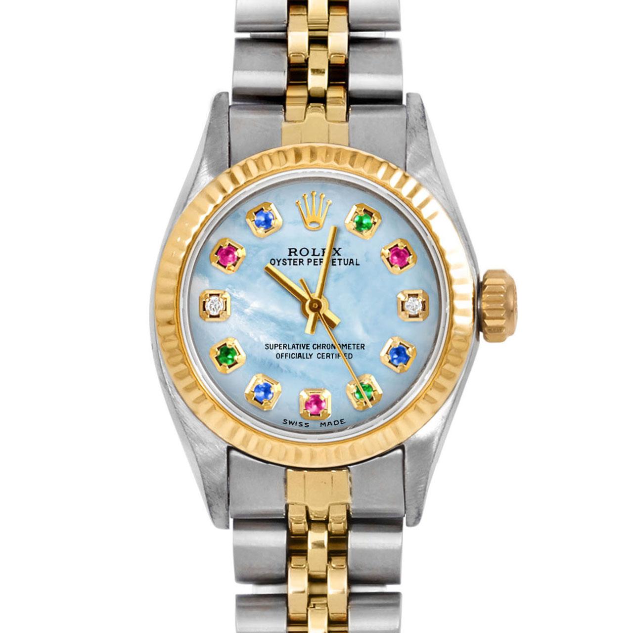 Brand : Rolex
Model : Oyster Perpetual 
Gender : Ladies
Metals : 14K Yellow Gold / Stainless Steel
Case Size : 24 mm
Dial : Custom Blue Mother Of Pearl Rainbow Emerald Ruby Sapphire Diamond Dial (This dial is not original Rolex And has been added
