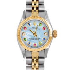 Rolex Ladies Oyster Perpetual Blue MOP Rainbow Dial Fluted Bezel Jubilee Watch
