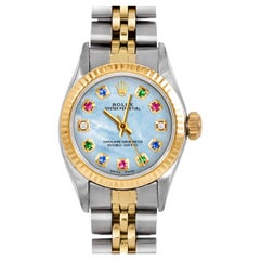 Rolex Ladies Oyster Perpetual Blue MOP Rainbow Dial Fluted Bezel Jubilee Watch
