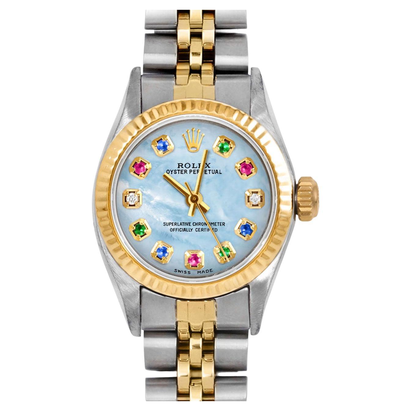 Rolex Ladies Oyster Perpetual Blue MOP Rainbow Dial Fluted Bezel Jubilee Watch For Sale