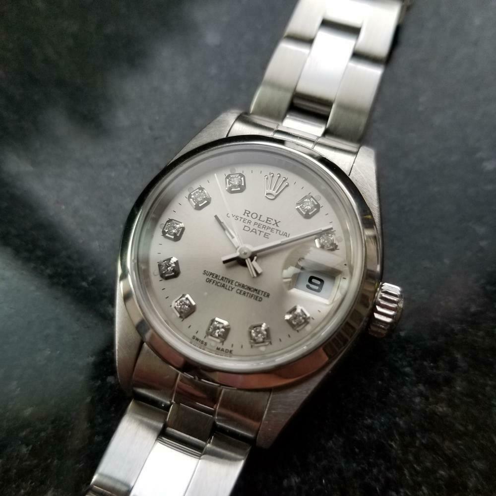 Timeless luxury, all-stainless steel ladies Rolex Oyster Perpetual Date 79160 automatic with diamond set, c.2000, all original. Verified authentic by a master watchmaker. Gorgeous silver Rolex signed dial, original applied diamond hour markers,