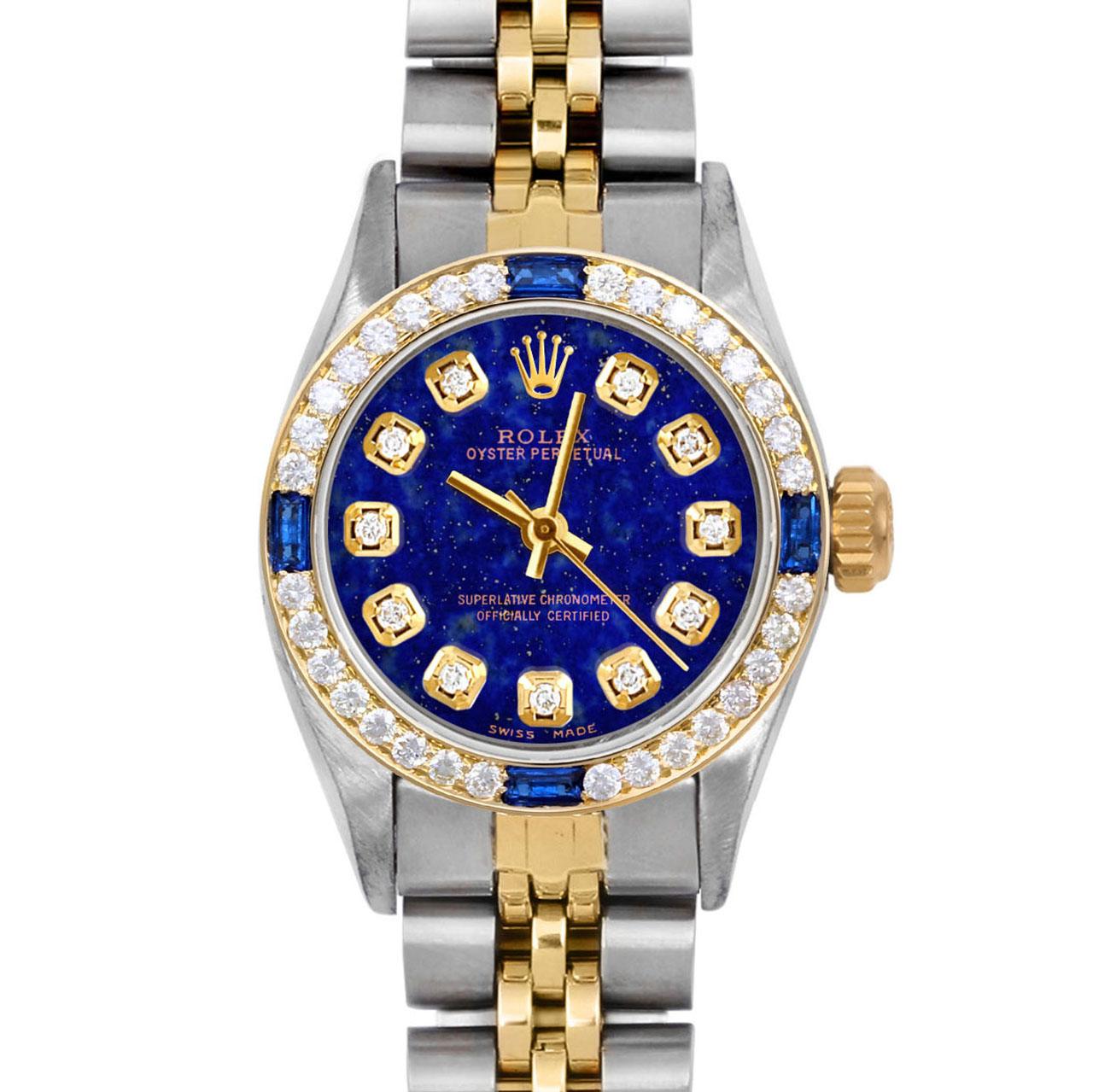 Brand : Rolex
Model : Oyster Perpetual 
Gender : Ladies
Metals : 14K Yellow Gold / Stainless Steel
Case Size : 24 mm

Dial : Custom Lapis Diamond Dial (This dial is not original Rolex And has been added aftermarket yet is a beautiful Custom
