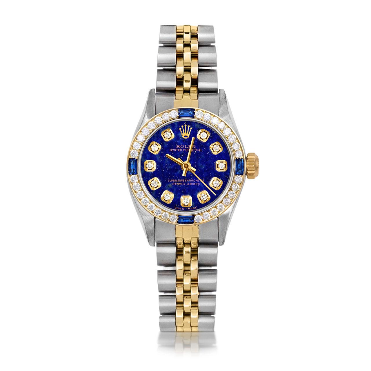 Perle Rolex Montre Oyster Perpetual avec cadran en lapis et diamants, saphirs et diamants, pour femmes en vente