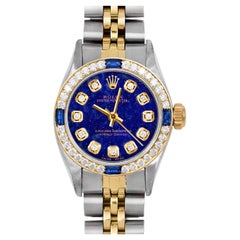 Rolex Ladies Oyster Perpetual Lapis Diamond Dial Sapphire Diamond Bezel Watch