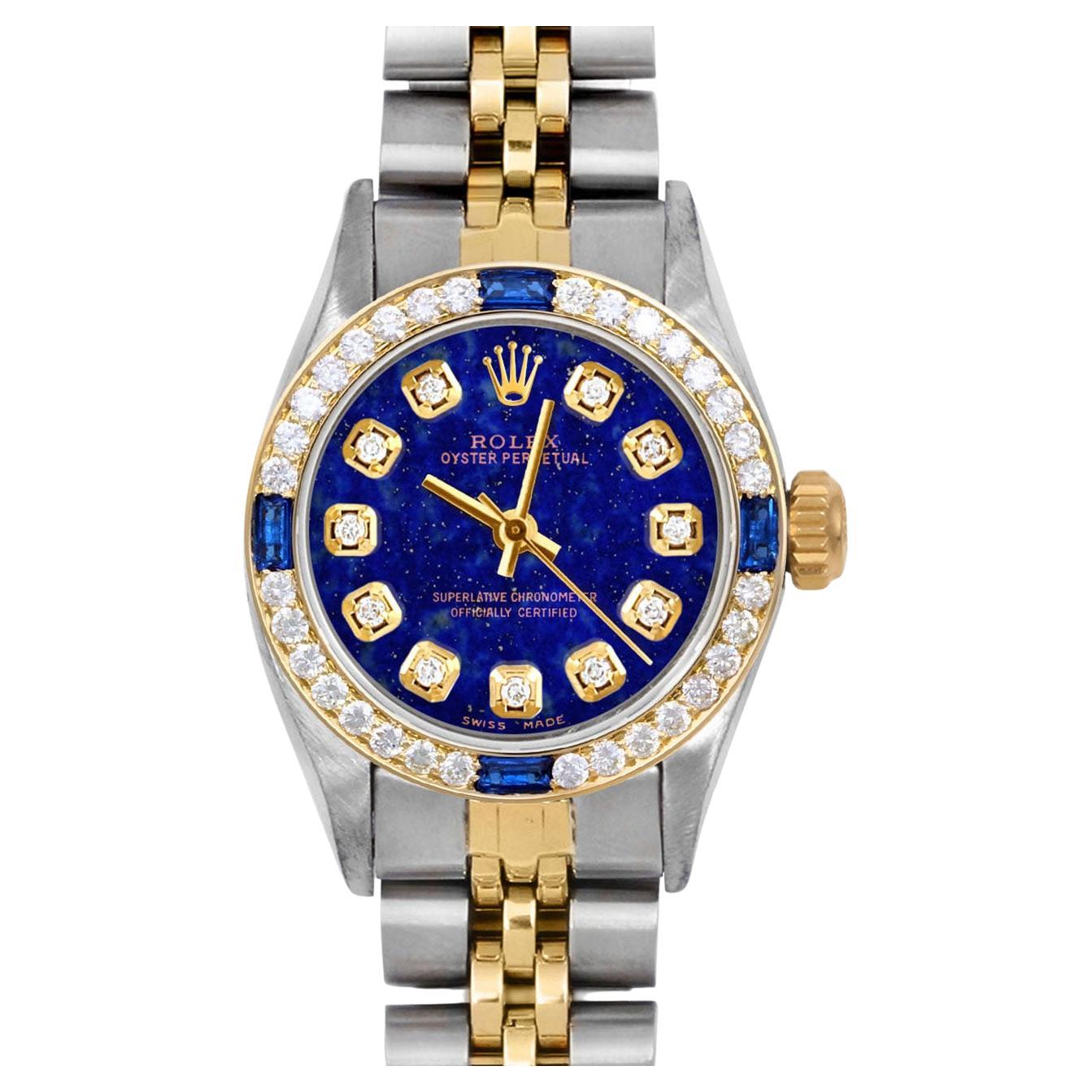 Rolex Ladies Oyster Perpetual Lapis Diamond Dial Sapphire Diamond Bezel Watch For Sale