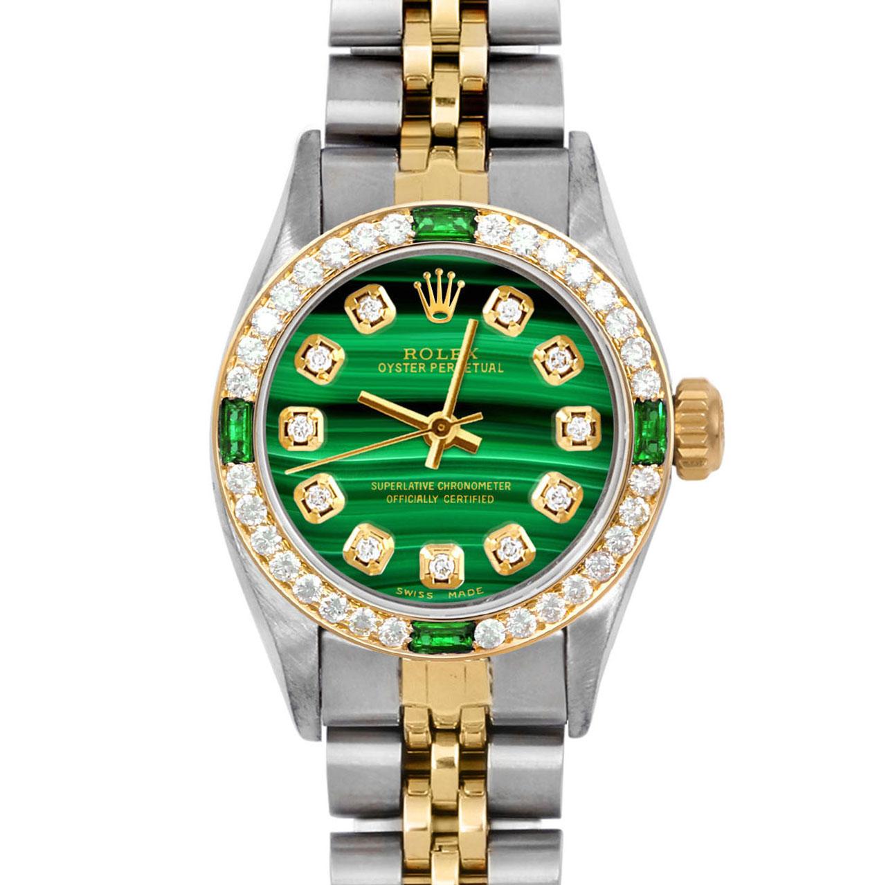 Brand : Rolex
Model : Oyster Perpetual 
Gender : Ladies
Metals : 14K Yellow Gold / Stainless Steel
Case Size : 24 mm

Dial : Custom Malachite Diamond Dial (This dial is not original Rolex And has been added aftermarket yet is a beautiful Custom