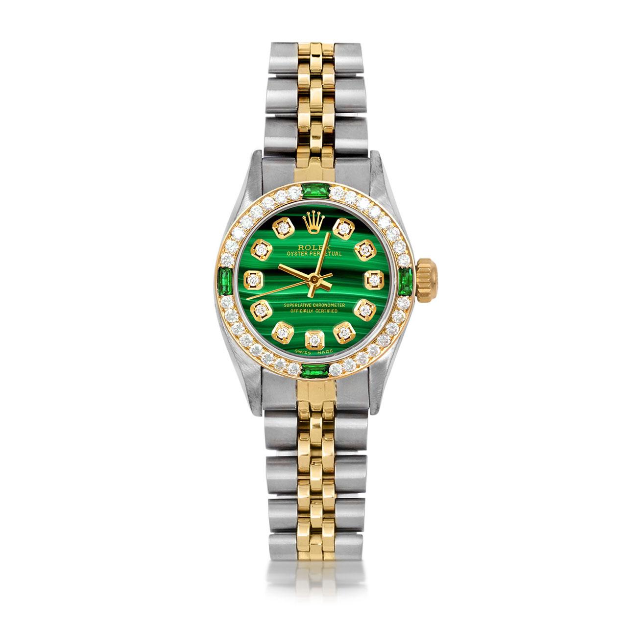 Bead Rolex Ladies Oyster Perpetual Malachite Diamond Dial Emerald Diamond Bezel Watch