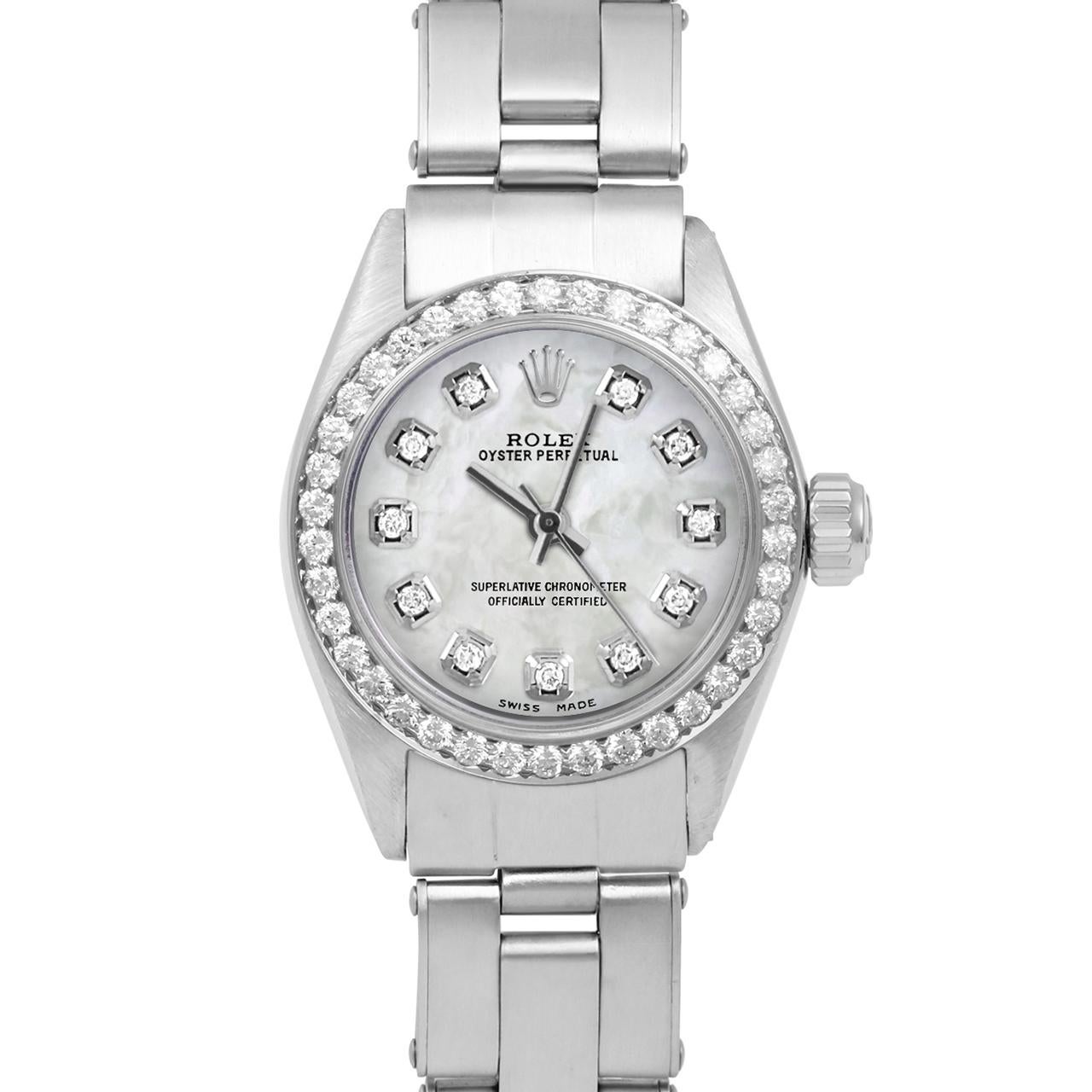 Brand : Rolex

Model : Oyster Perpetual Model

Gender : Ladies

Metals : Stainless Steel

Case Size : 24 mm

Dial : Custom Mother Of Pearl Diamond Dial (This dial is not original Rolex And has been added aftermarket yet is a beautiful Custom