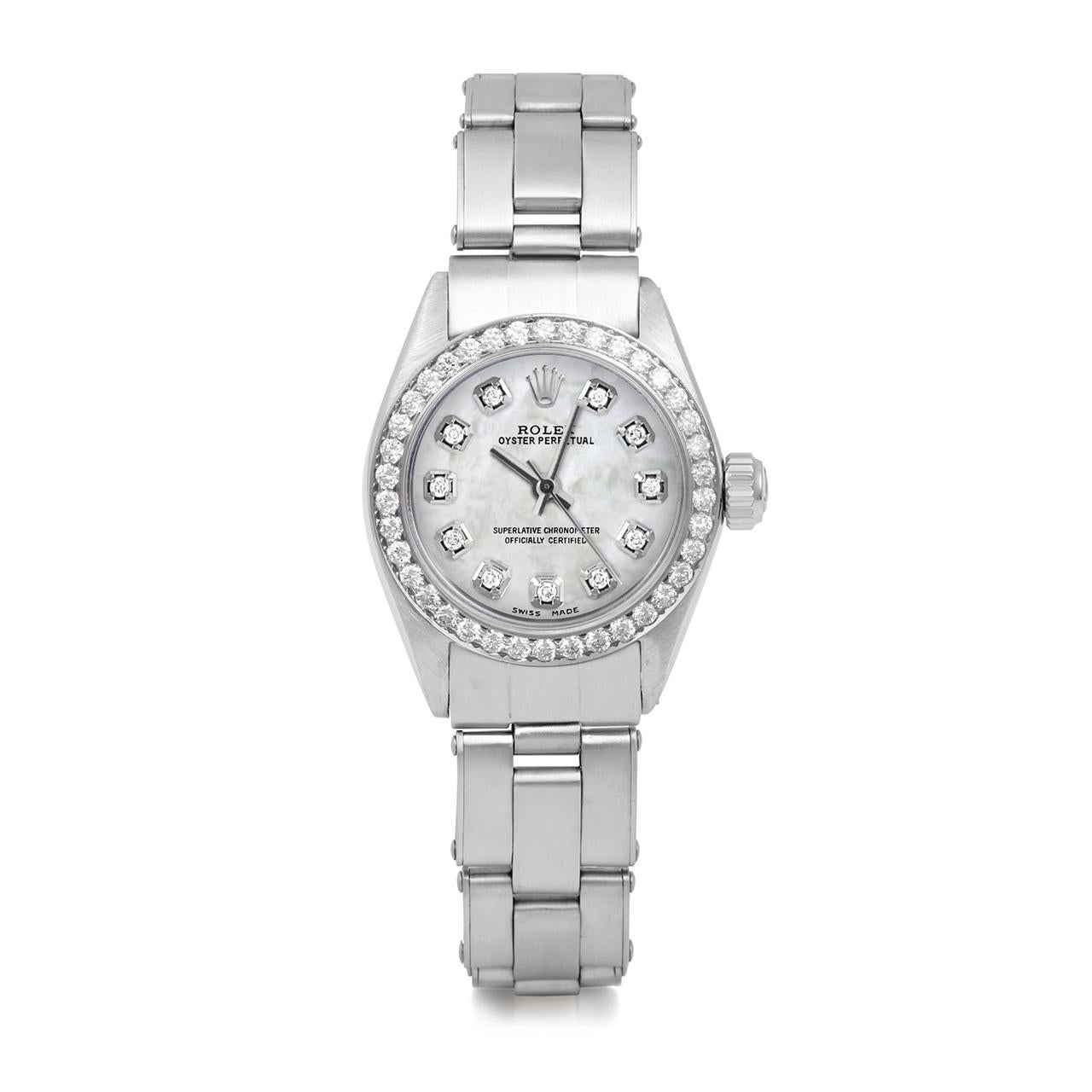 Rolex Damen Oyster Perpetual Perlmutt Diamant-Zifferblatt Diamant-Lünette Uhr (Carréschliff) im Angebot