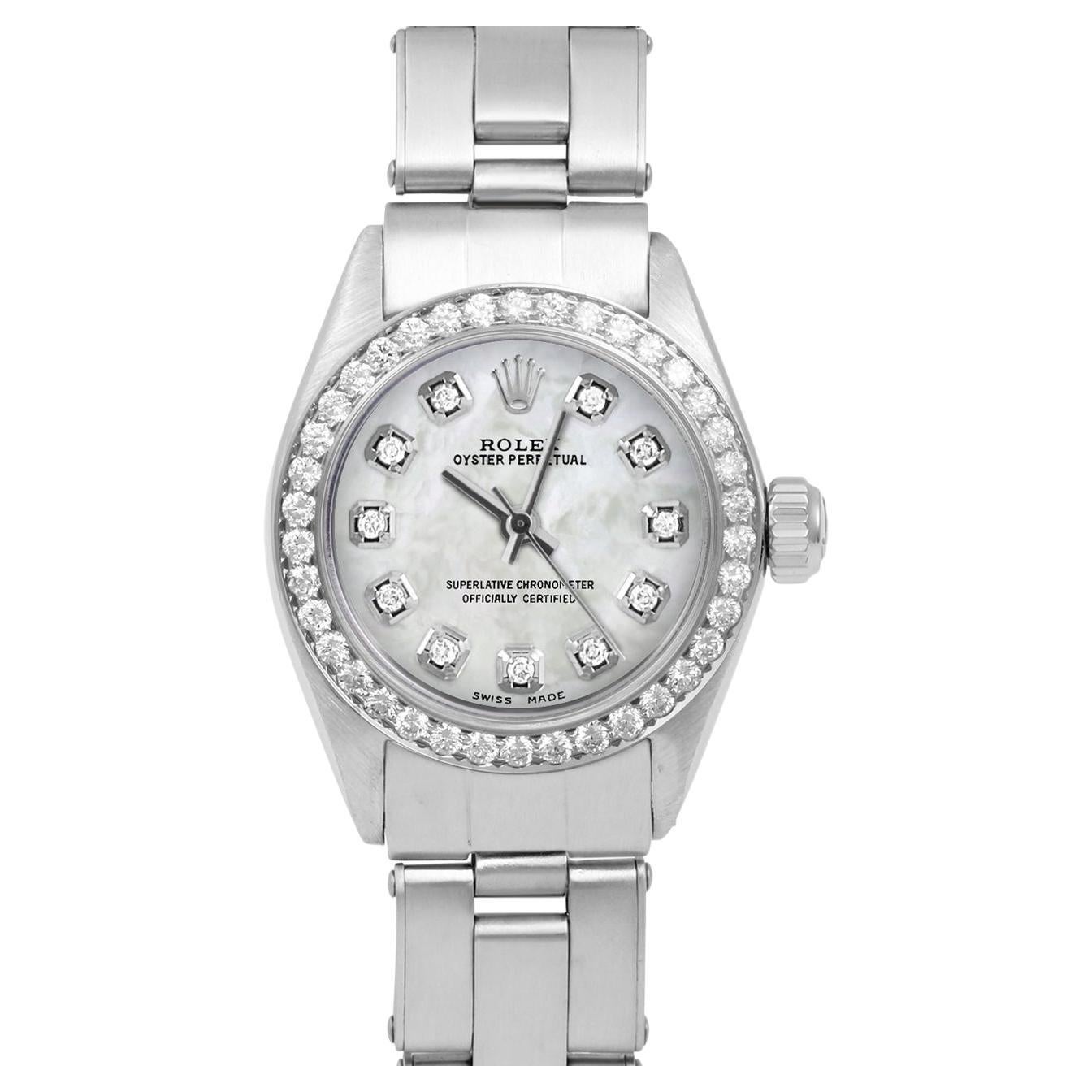 Rolex Ladies Oyster Perpetual Mother of Pearl Diamond Dial Diamond Bezel Watch For Sale