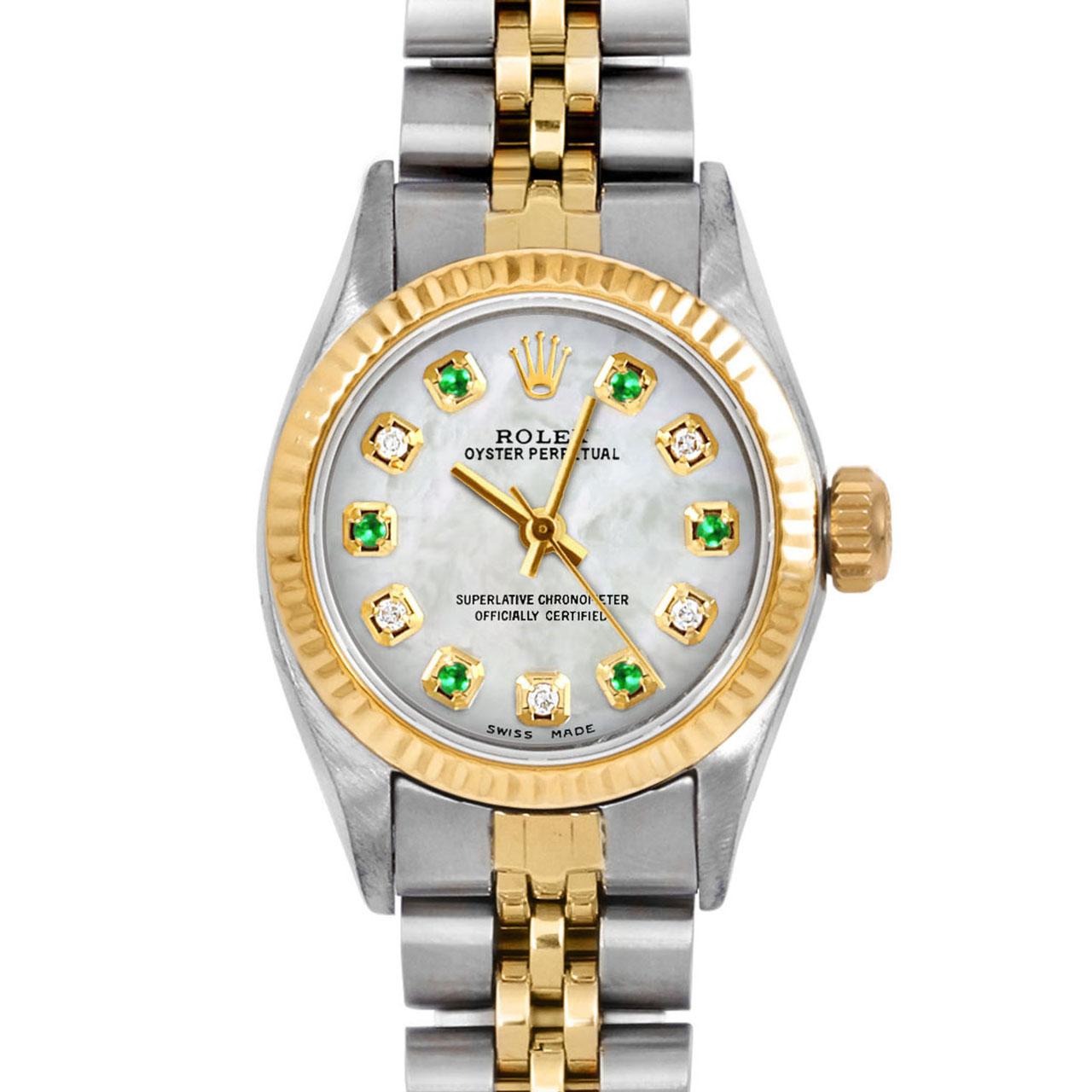 Brand : Rolex
Model : Oyster Perpetual 
Gender : Ladies
Metals : 14K Yellow Gold / Stainless Steel
Case Size : 24 mm
Dial : Custom Mother Of Pearl Rainbow Emerald Diamond Dial (This dial is not original Rolex And has been added aftermarket yet is a