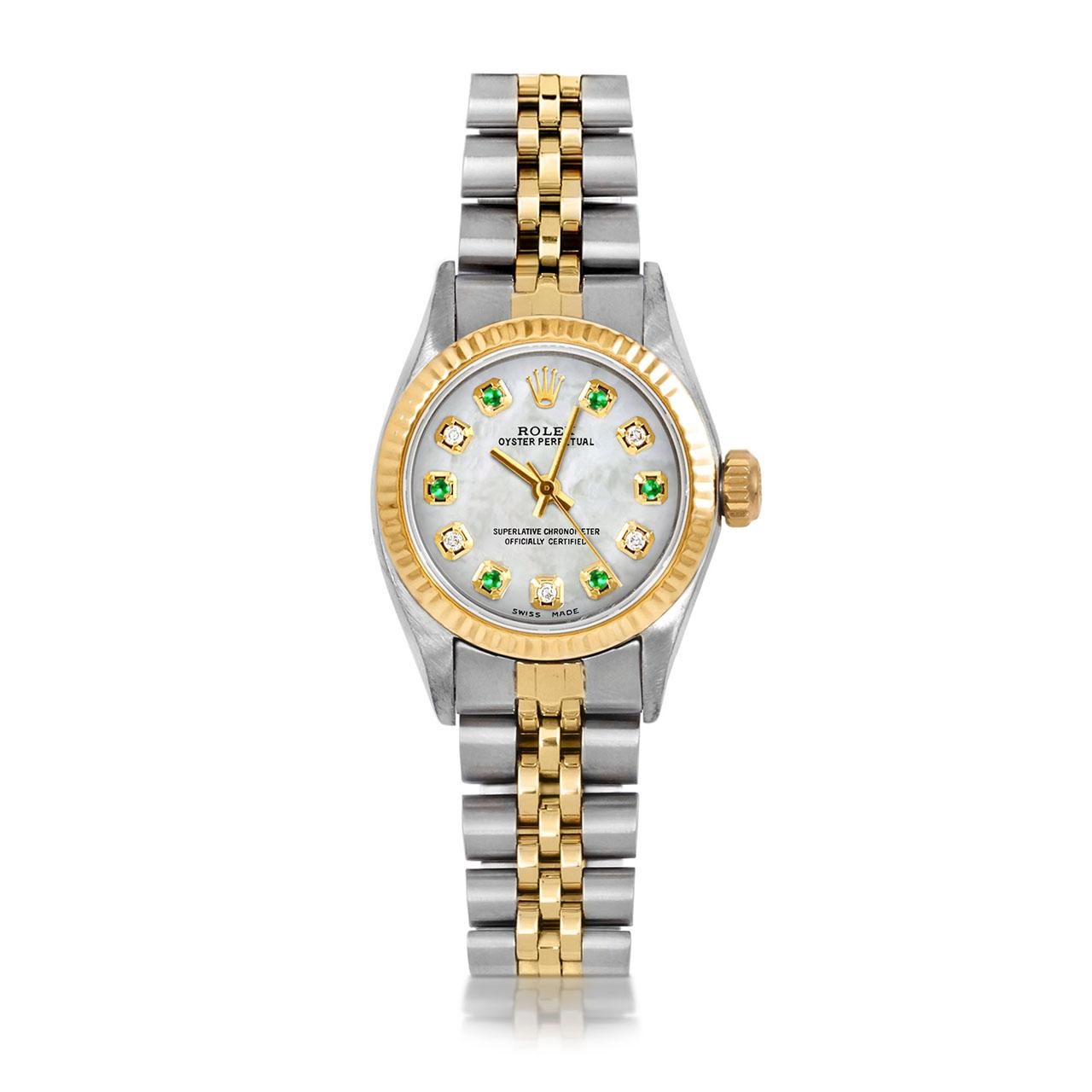 Bead Rolex Ladies Oyster Perpetual Mother of Pearl Emerald Diamond Dial Jubilee Watch For Sale