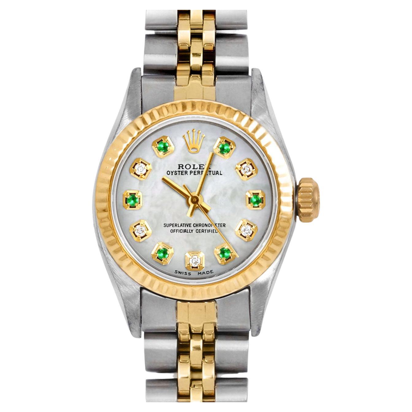 Rolex Ladies Oyster Perpetual Mother of Pearl Emerald Diamond Dial Jubilee Watch