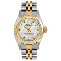 Retro Rolex Ladies Oyster Perpetual Mother of Pearl Emerald Diamond Dial Jubilee Watch