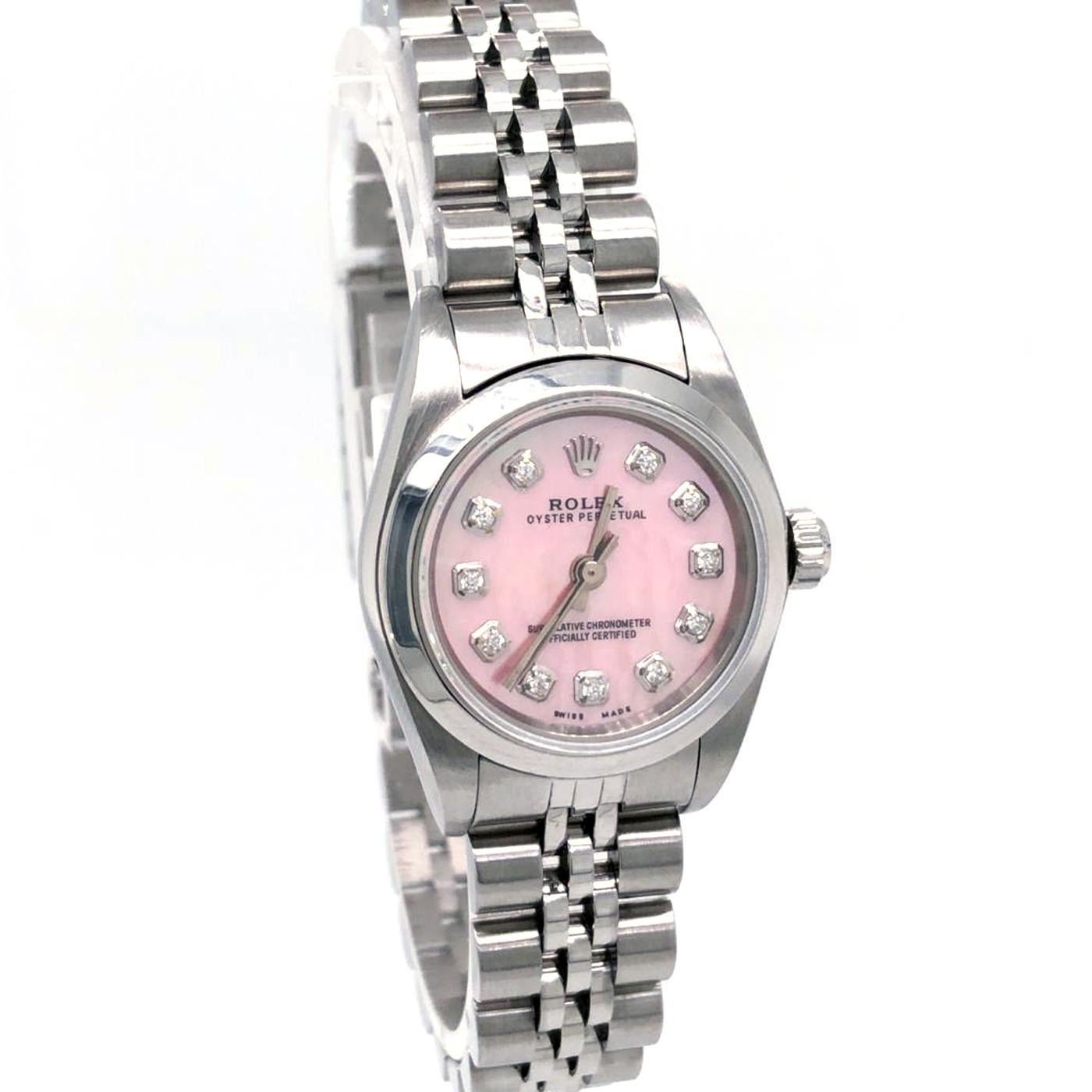 Rolex Ladies Oyster Perpetual Mother of Pearls Diamond Pink Dial Watch 76080 2