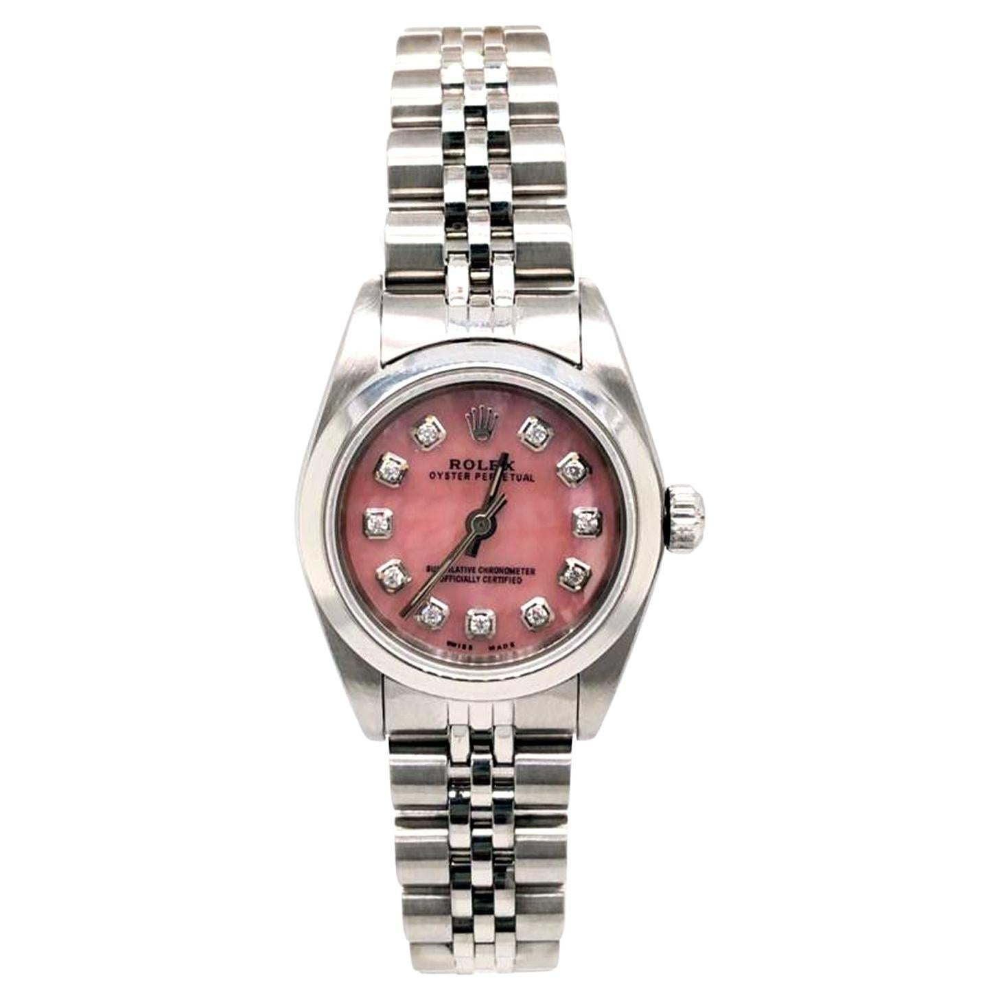 Rolex Ladies Oyster Perpetual Mother of Pearls Diamond Pink Dial Watch 76080