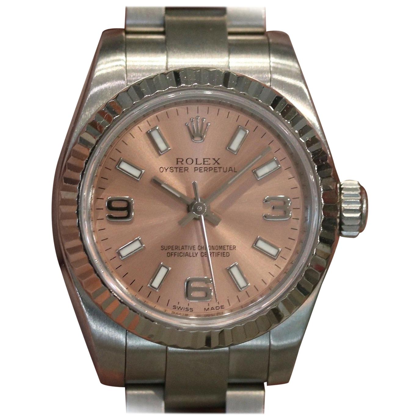 Rolex Ladies Oyster Perpetual Pink Dial Steel 18 Karat White Gold Fluted Bezel For Sale